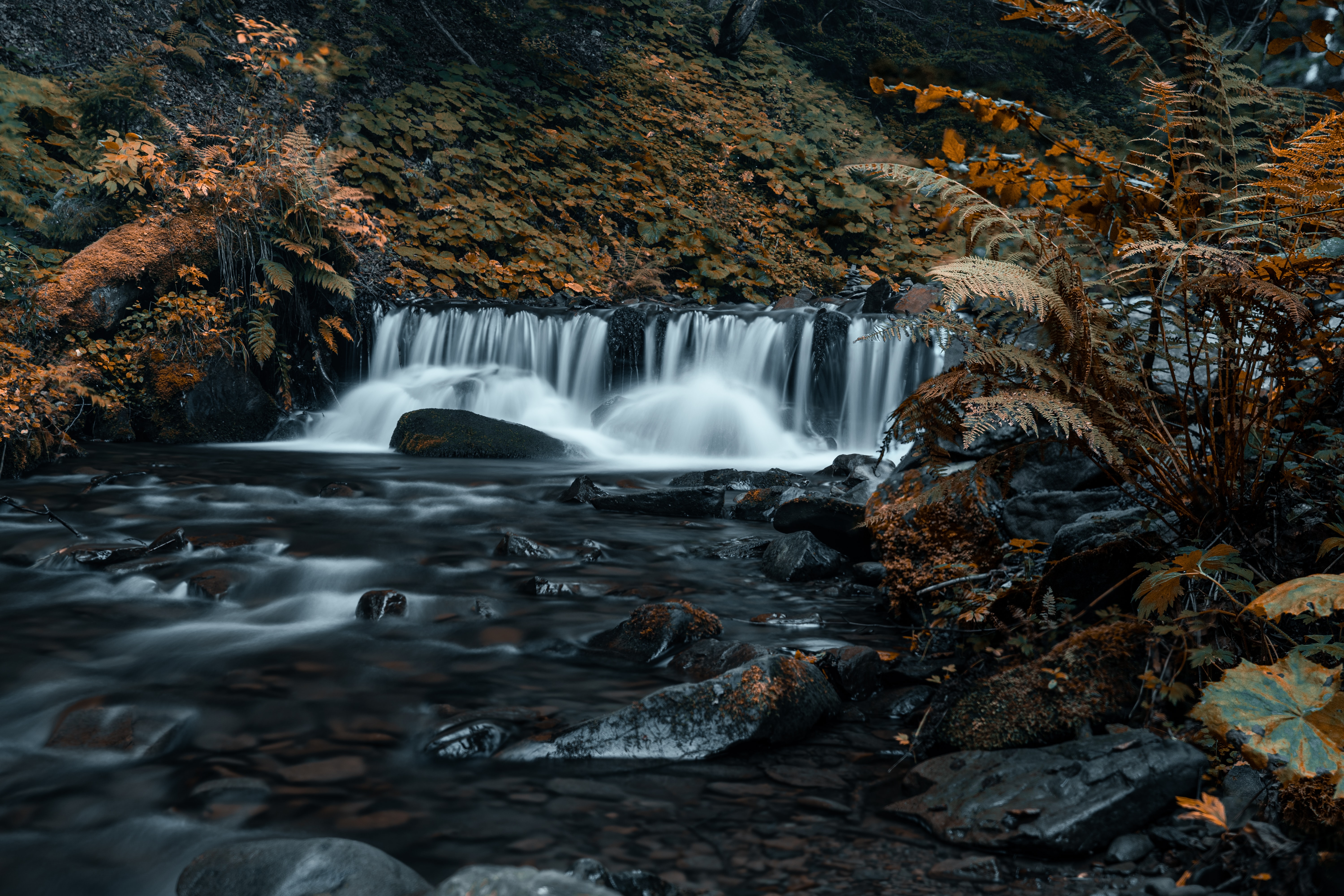 flow, nature, grass, stones, rocks, waterfall, stream download HD wallpaper