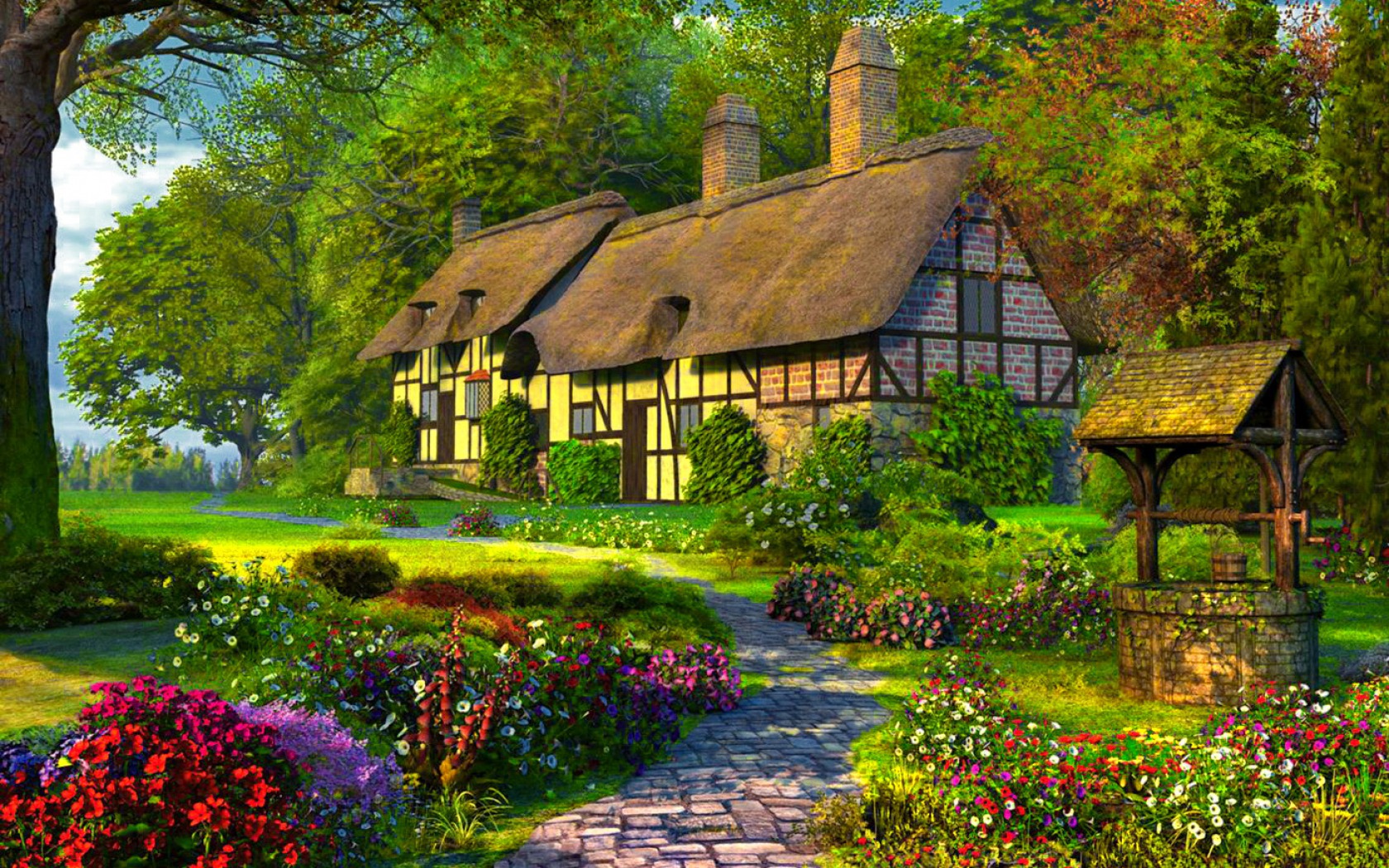 cottage, artistic, painting, flower, spring, tree