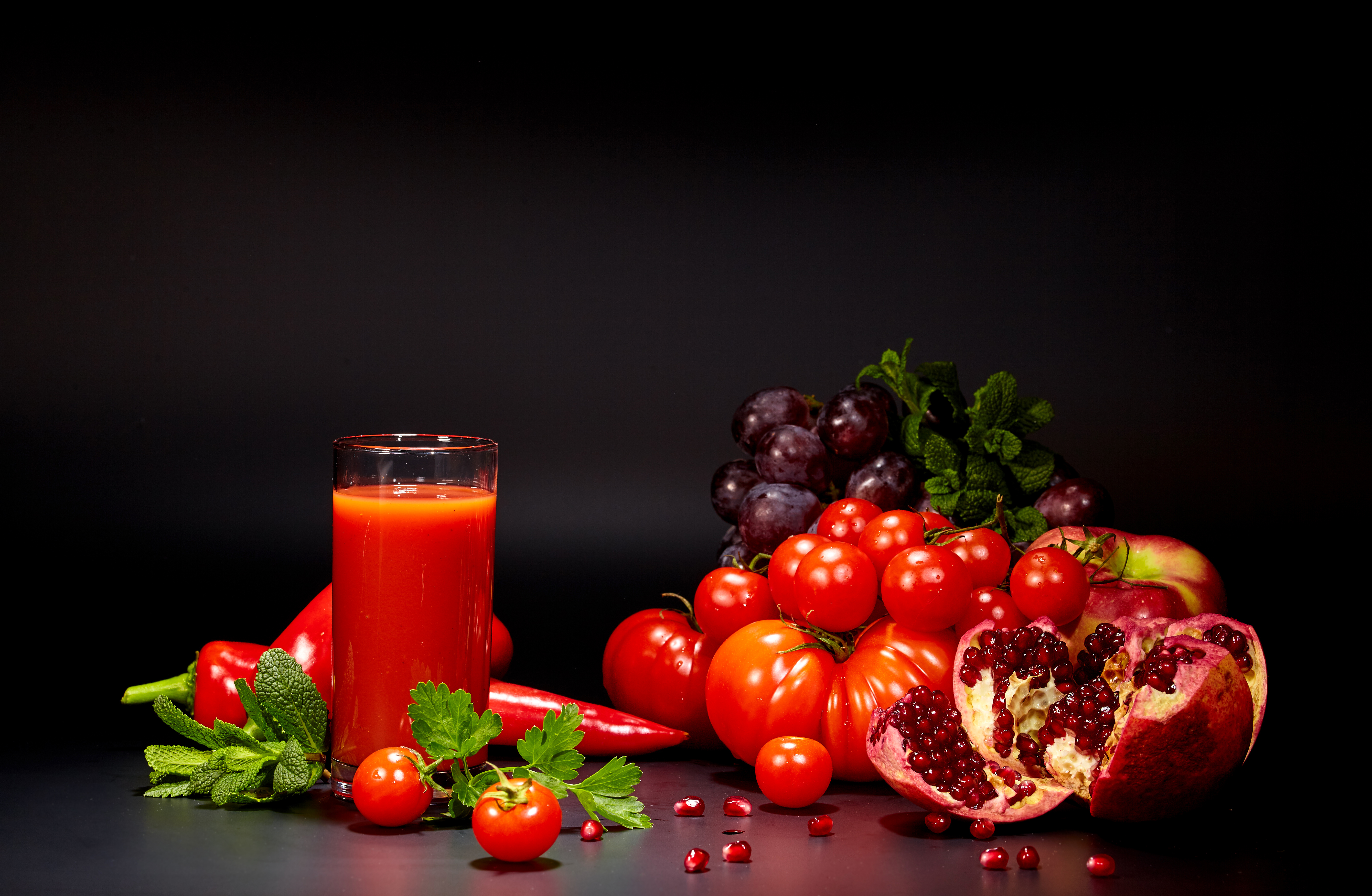 Download mobile wallpaper Food, Grapes, Pepper, Still Life, Glass, Pomegranate, Tomato, Juice for free.