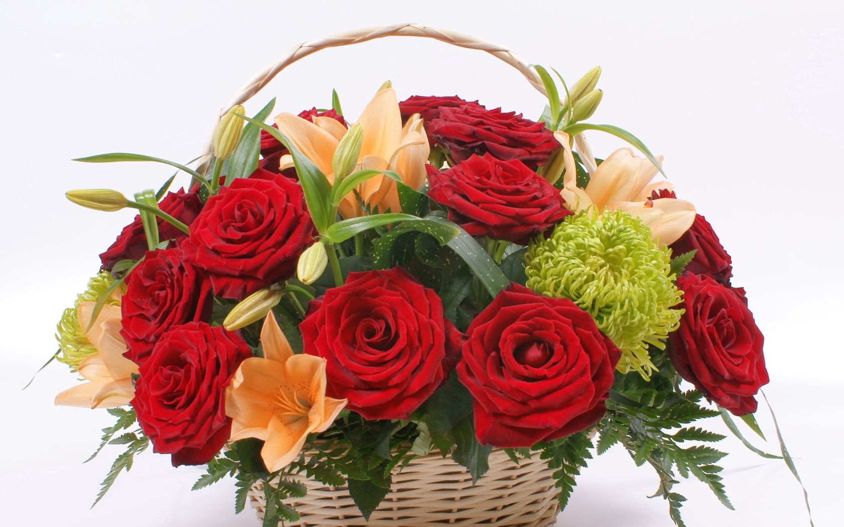 Free download wallpaper Grass, Roses, Lilies, Basket, Flowers, Composition on your PC desktop