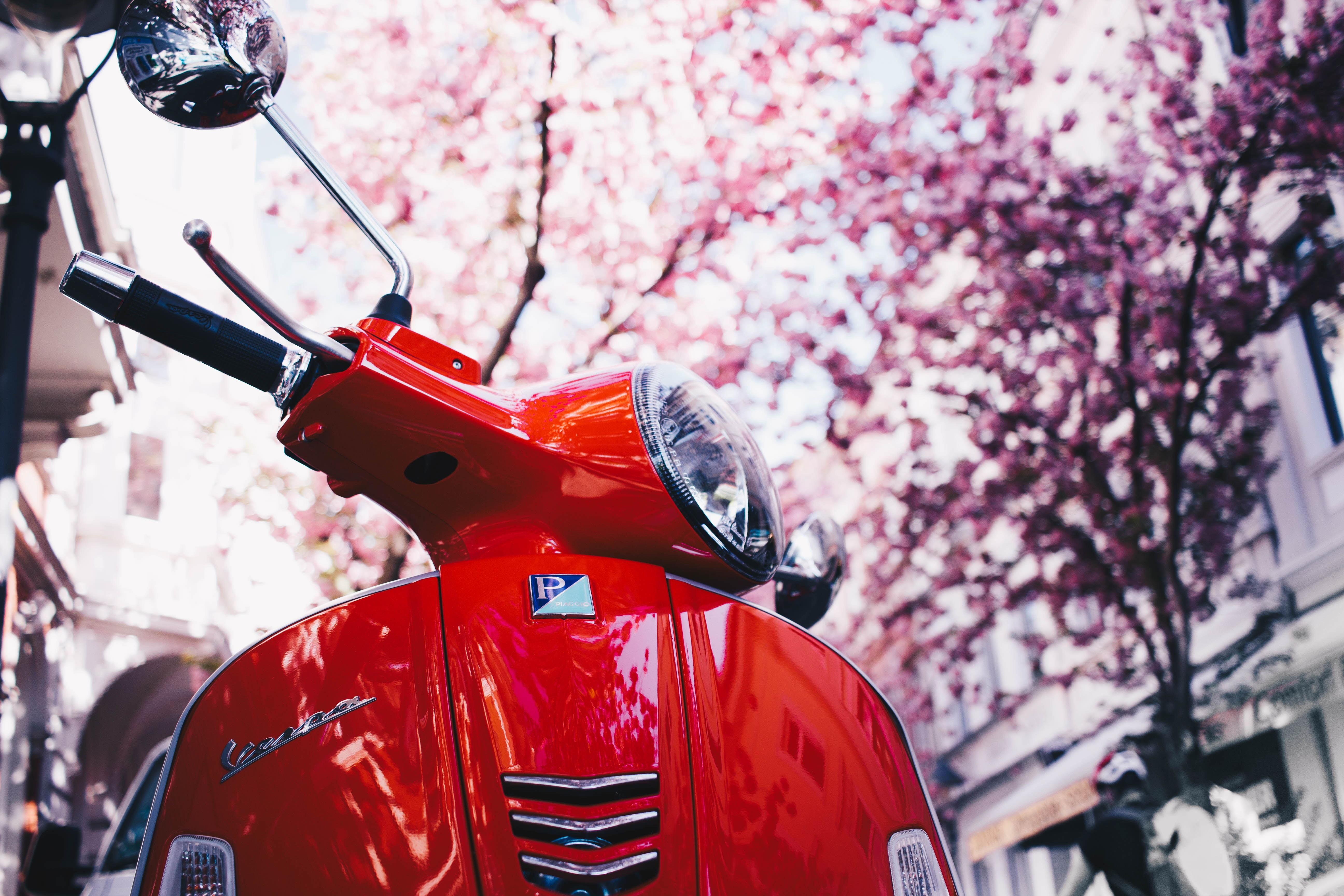 126104壁紙のダウンロードオートバイ, 桜, 赤, 赤い, スクーター, ベスパ-スクリーンセーバーと写真を無料で