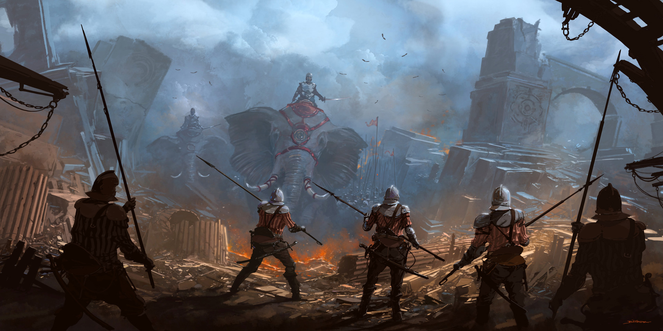 Download mobile wallpaper Fantasy, Warrior, Elephant, Battle, Spear for free.