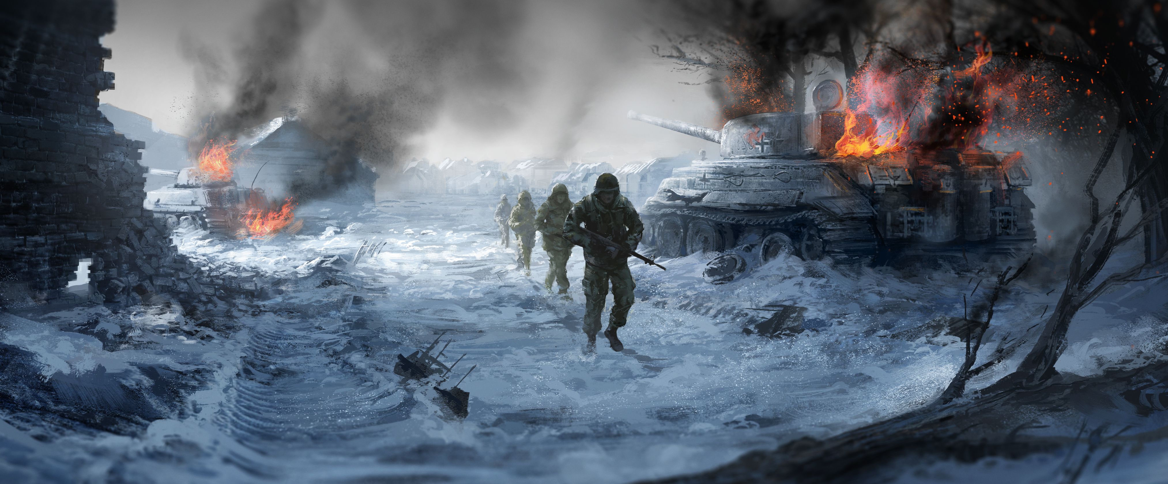 Free download wallpaper Winter, Fire, Smoke, Snow, Artistic, Military, Soldier, Tank on your PC desktop