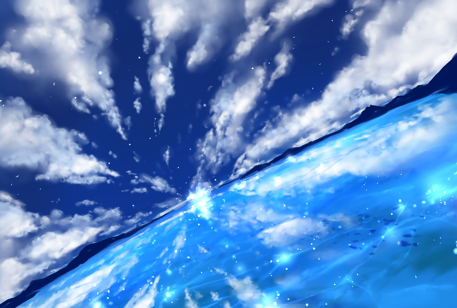 Скачать обои бесплатно Аниме, Небо, Облака, Гора, Океан, Рыба, Оригинал картинка на рабочий стол ПК