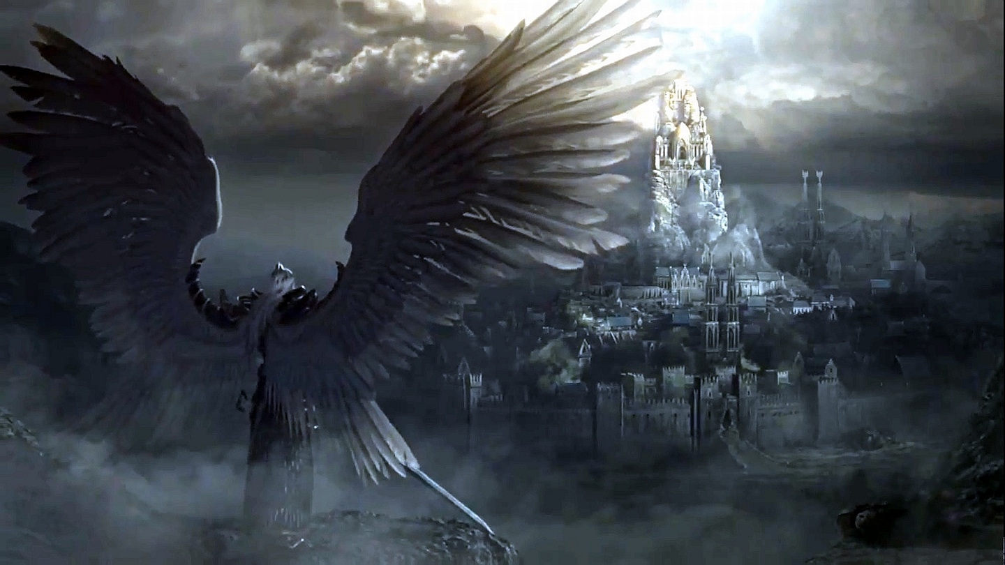 fantasy, castle, angel warrior, city, sword, wings