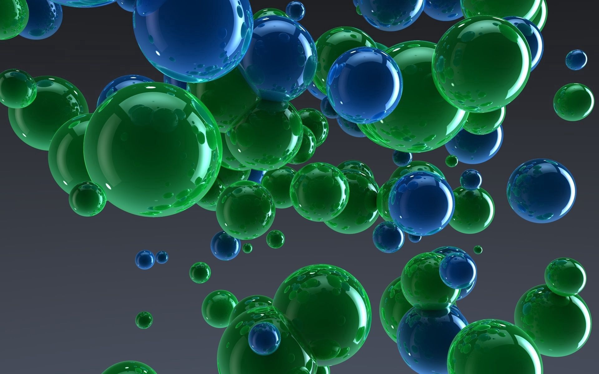 3d, art, balloons, drops, green, blue, reflection, balls, taw, gray background, grey background