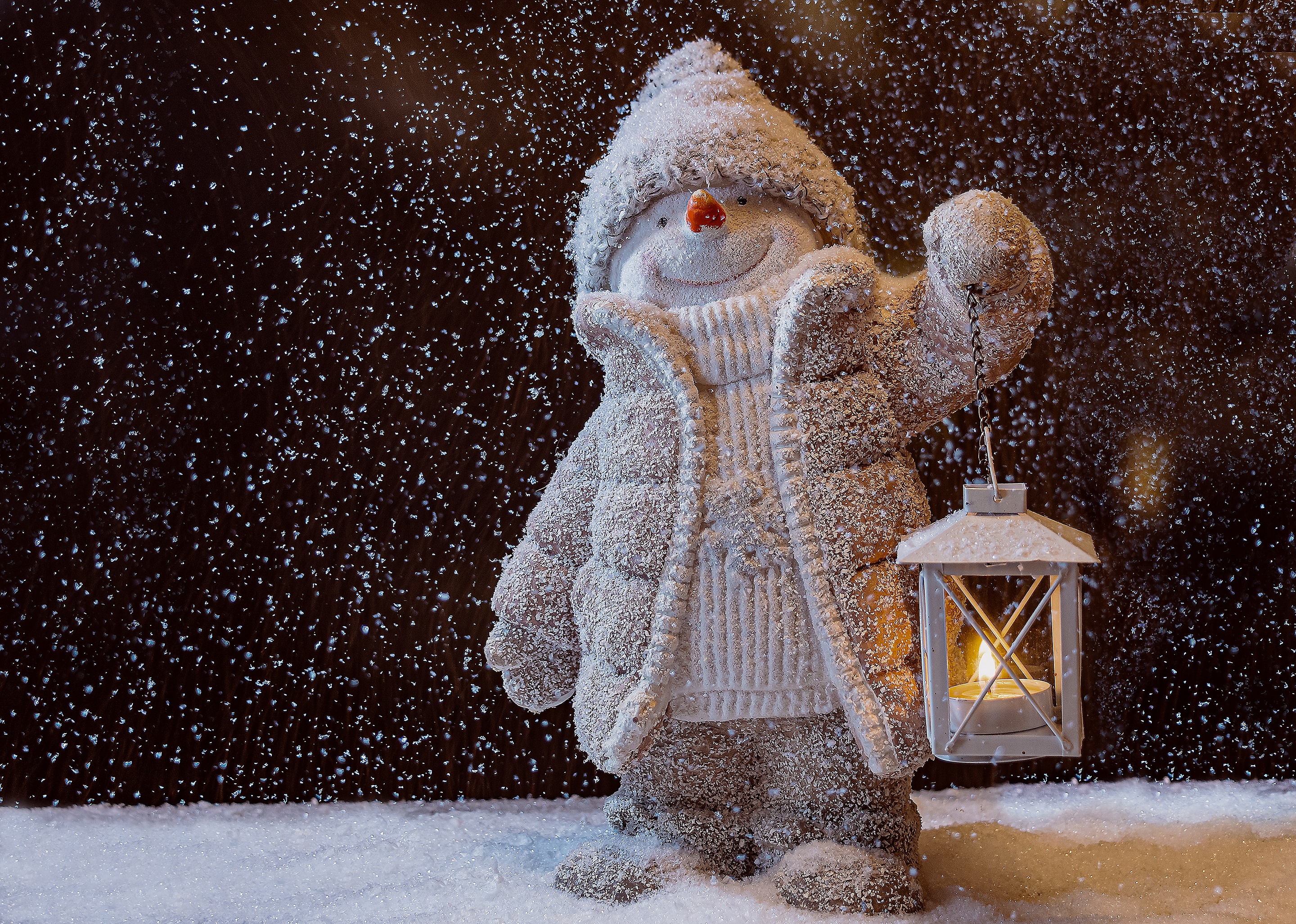 Download mobile wallpaper Snowman, Christmas, Lantern, Photography, Snowfall for free.