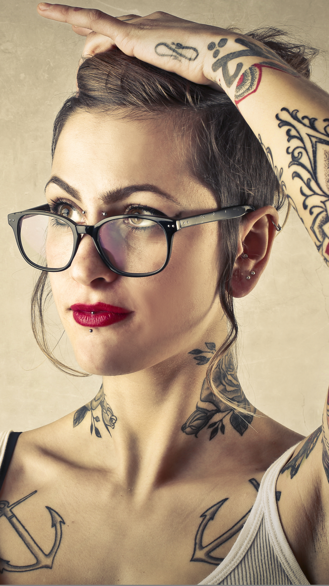 Download mobile wallpaper Tattoo, Glasses, Face, Brunette, Mirror, Model, Women, Brown Eyes, Lipstick for free.