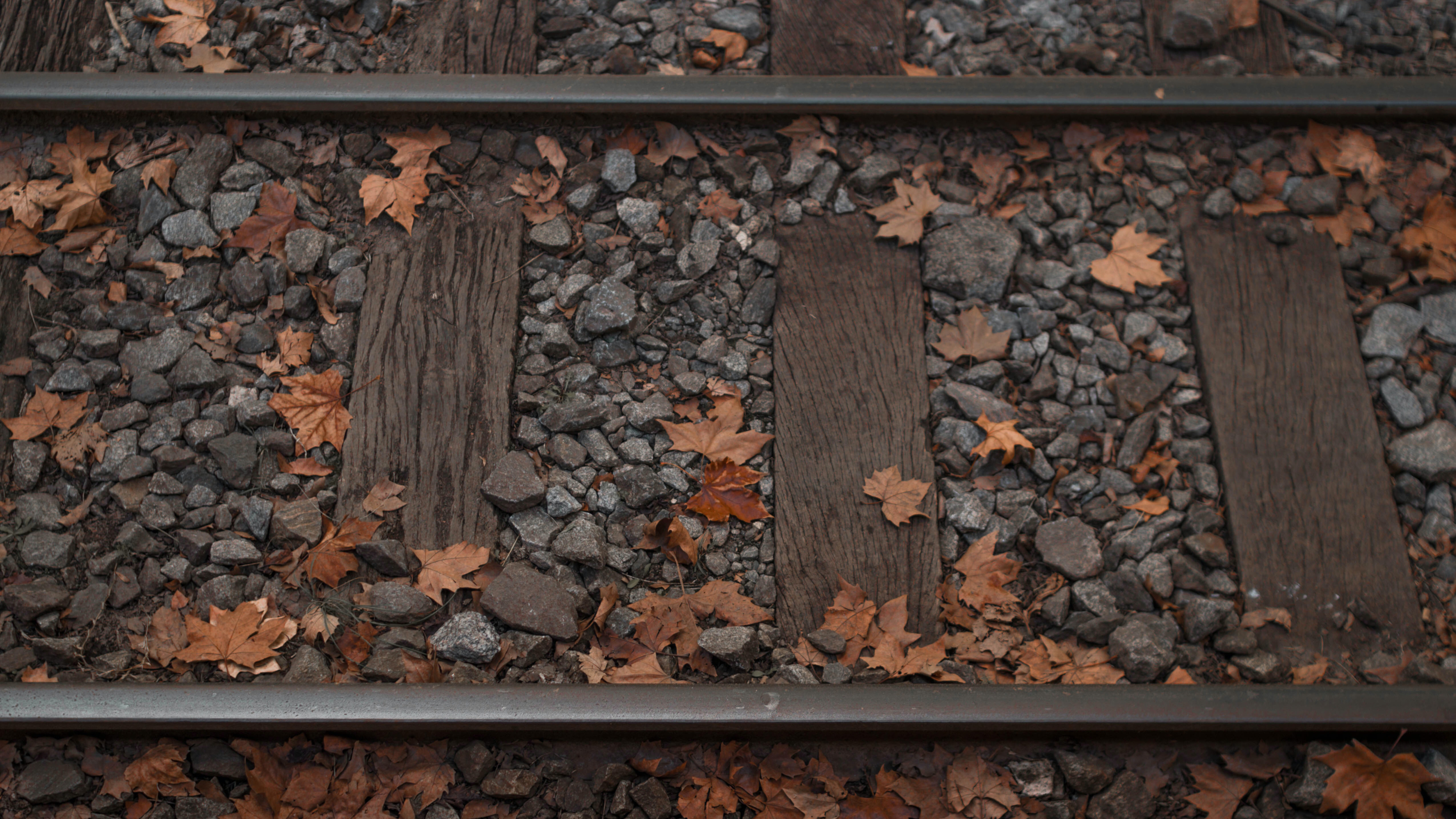 Download mobile wallpaper Leaf, Pebbles, Railroad, Man Made for free.