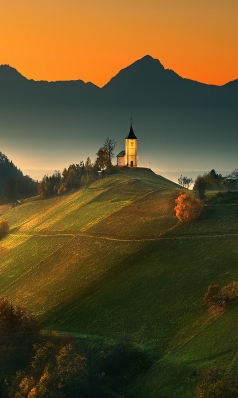 Download mobile wallpaper Landscape, Sunset, Mountain, Church, Churches, Religious for free.