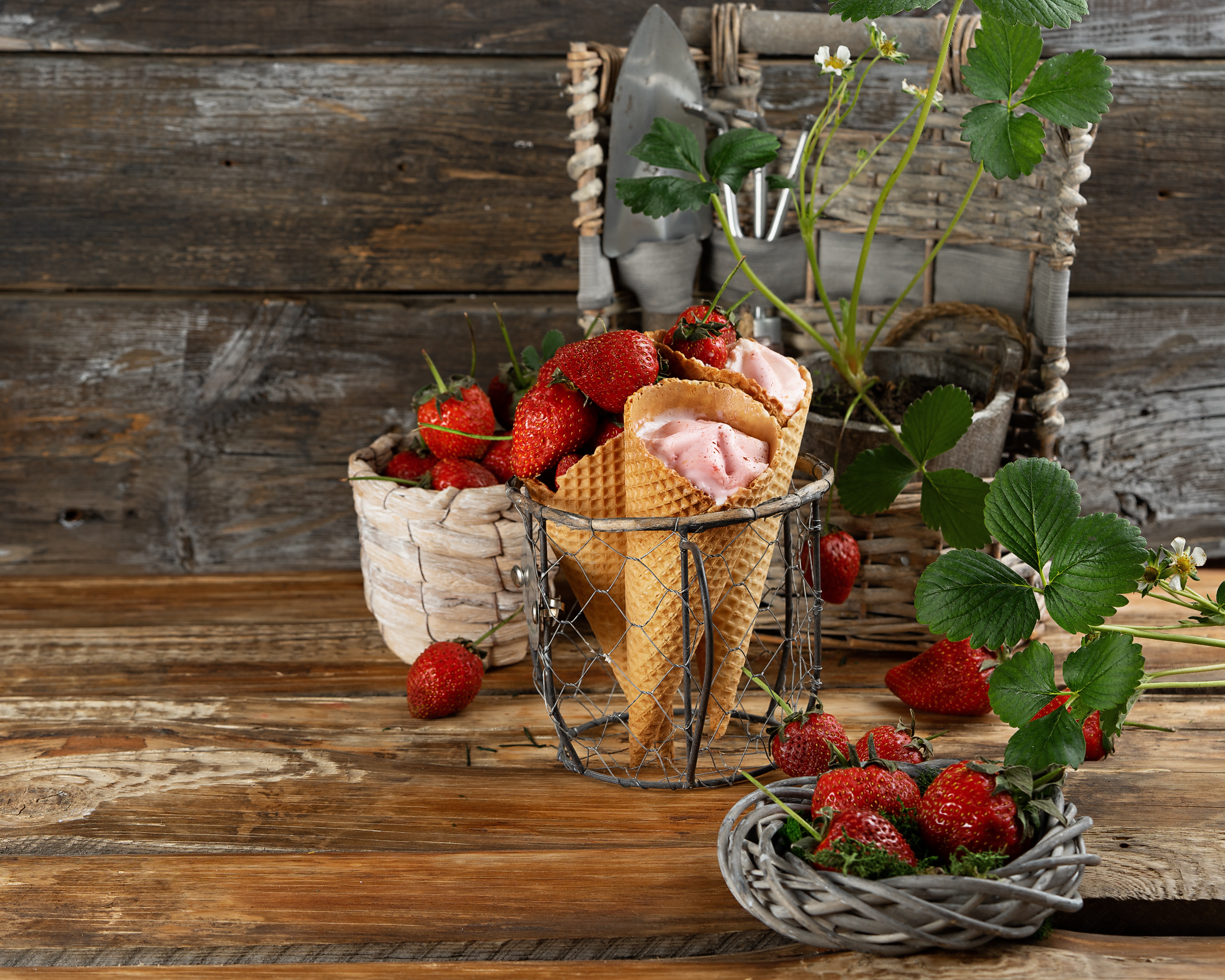 Handy-Wallpaper Erdbeere, Frucht, Eiscreme, Nahrungsmittel, Stillleben, Früchte, Eishörnchen kostenlos herunterladen.