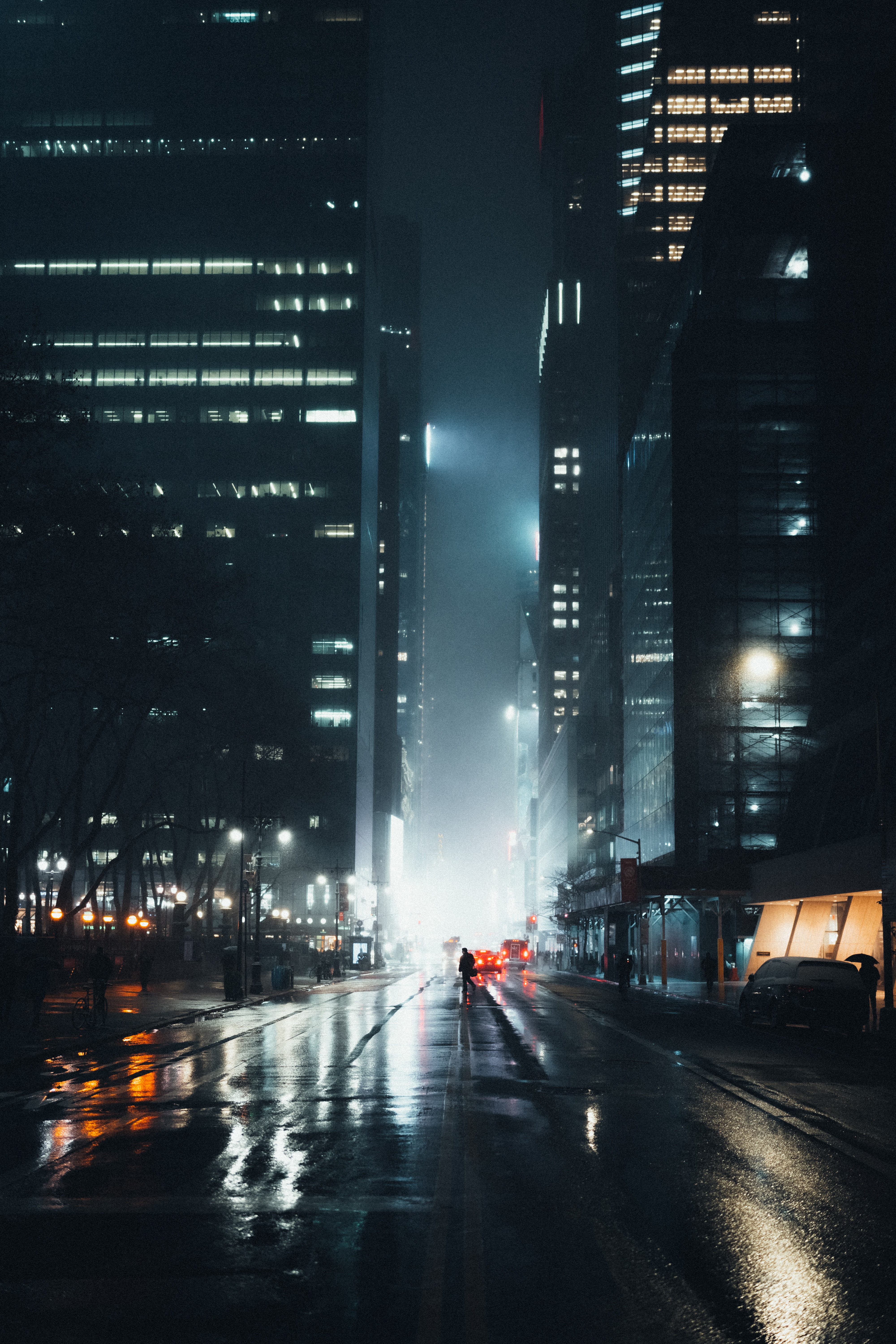 street, night, city, dark, shine, light, silhouette, fog