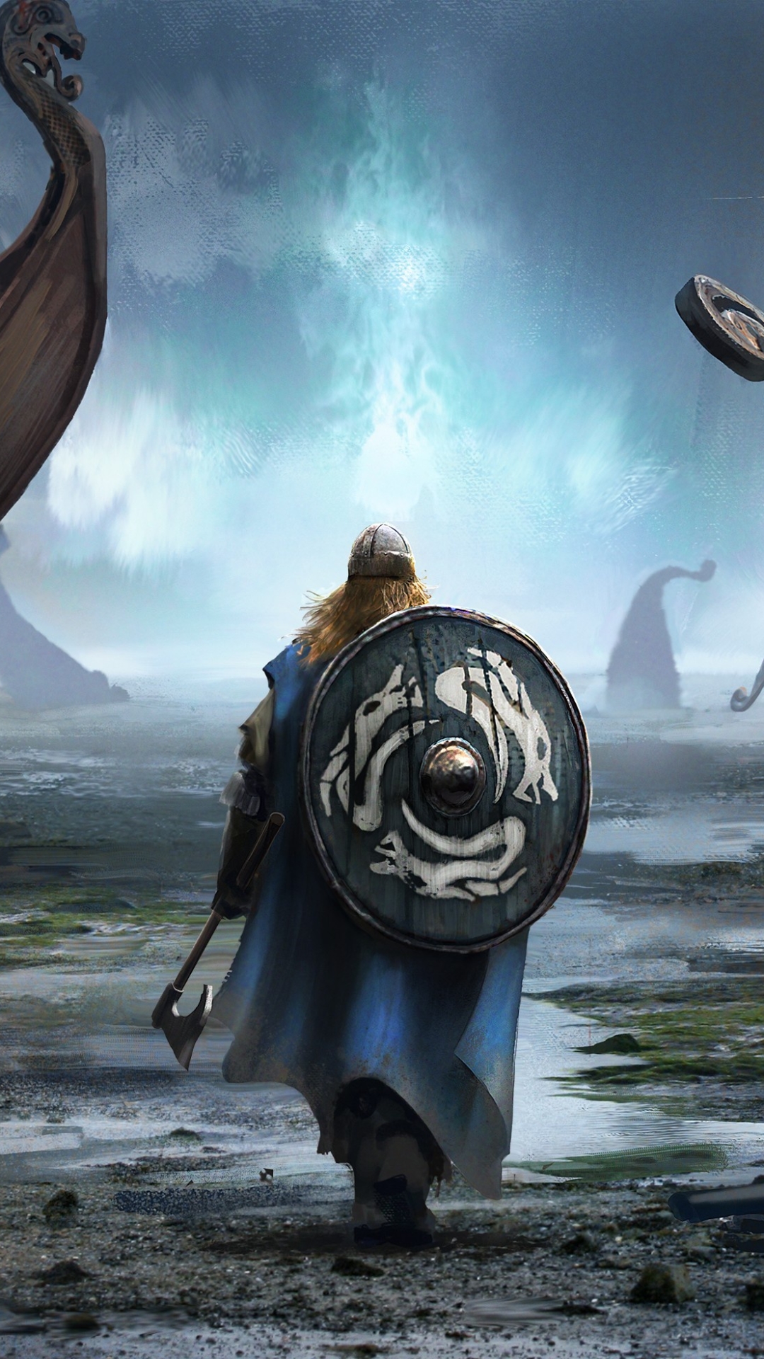 Download mobile wallpaper Landscape, Fantasy, Shield, Warrior, Viking, Drakkar for free.