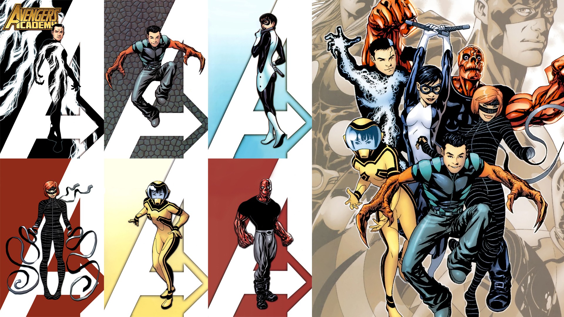 comics, avengers academy, finesse (marvel), fortress (marvel), hazmat (marvel), reptil (marvel), veil (marvel)