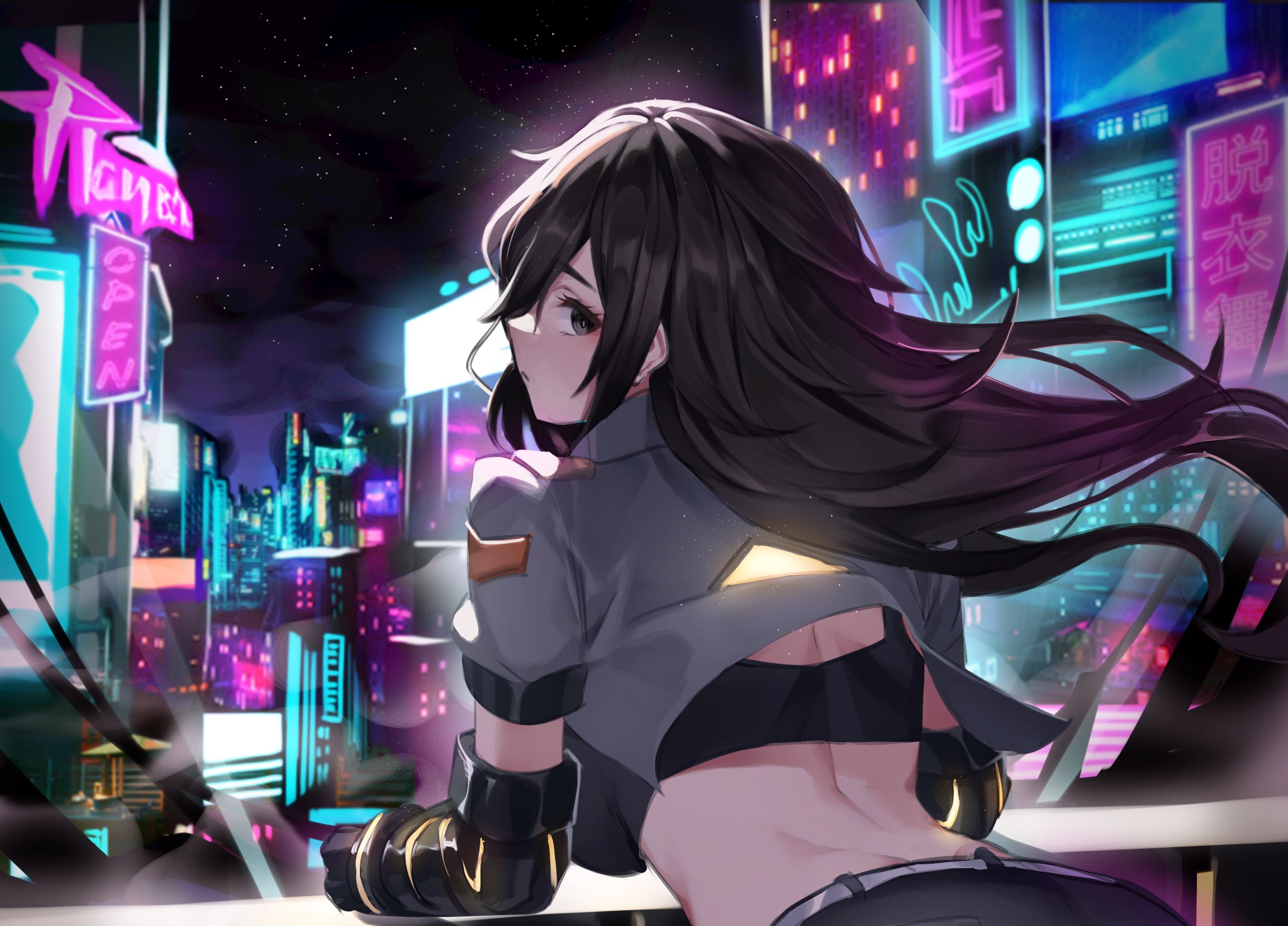 Free download wallpaper Anime, Night, Girl, Black Hair on your PC desktop