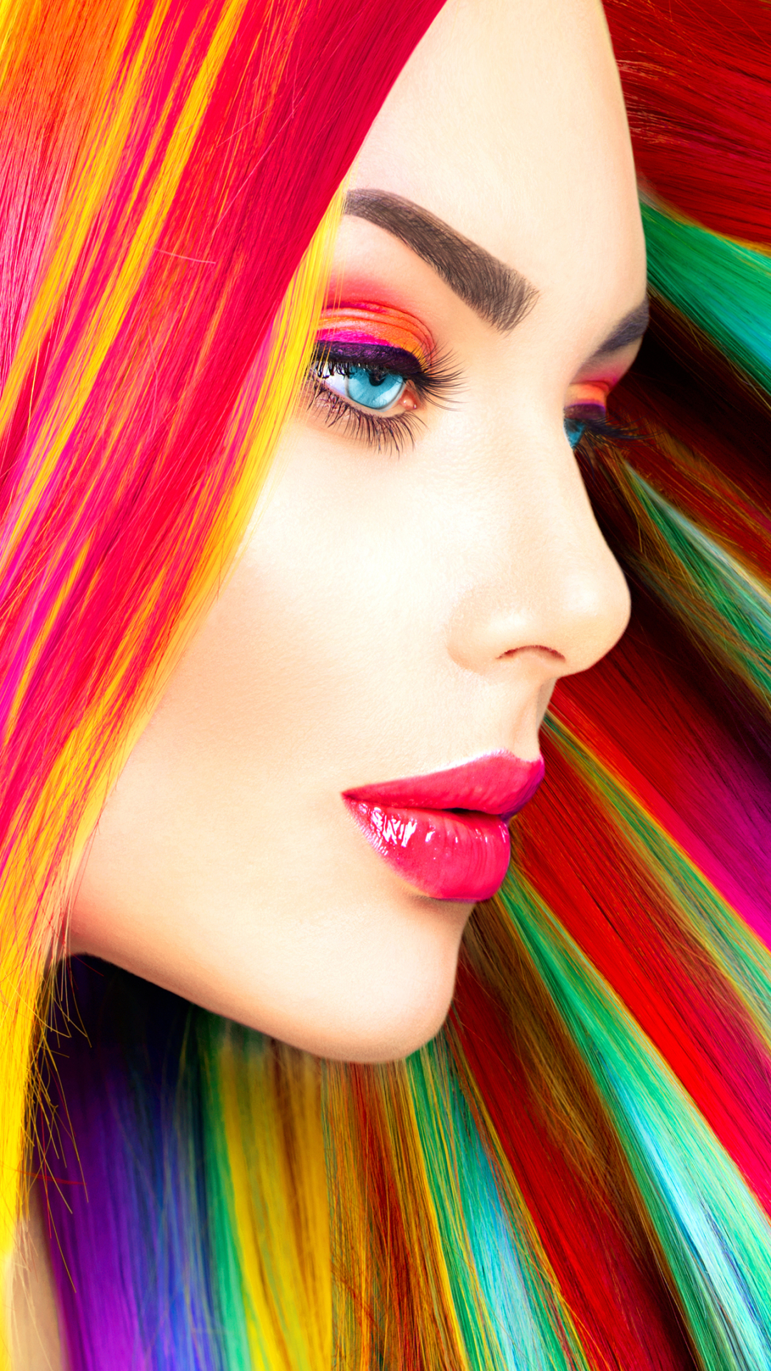 Handy-Wallpaper Hell, Farben, Bunt, Haar, Frauen, Blaue Augen, Lippenstift kostenlos herunterladen.