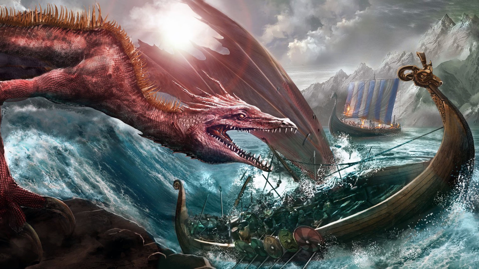 943593 скачать картинку викинг, драккар, фэнтези, дракон, лодка - обои и заставки бесплатно