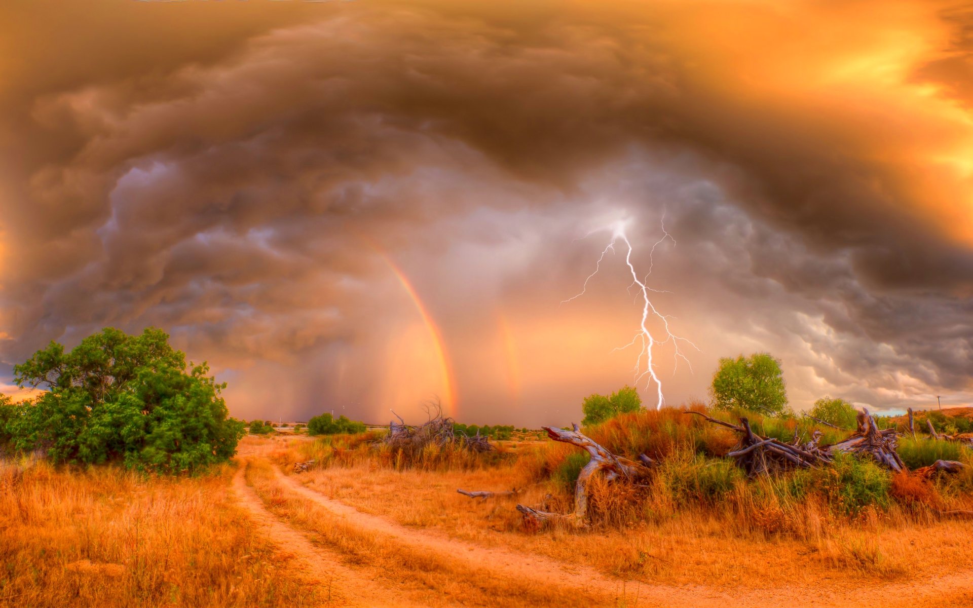 Free download wallpaper Sky, Lightning, Rainbow, Earth, Field, Storm, Cloud on your PC desktop