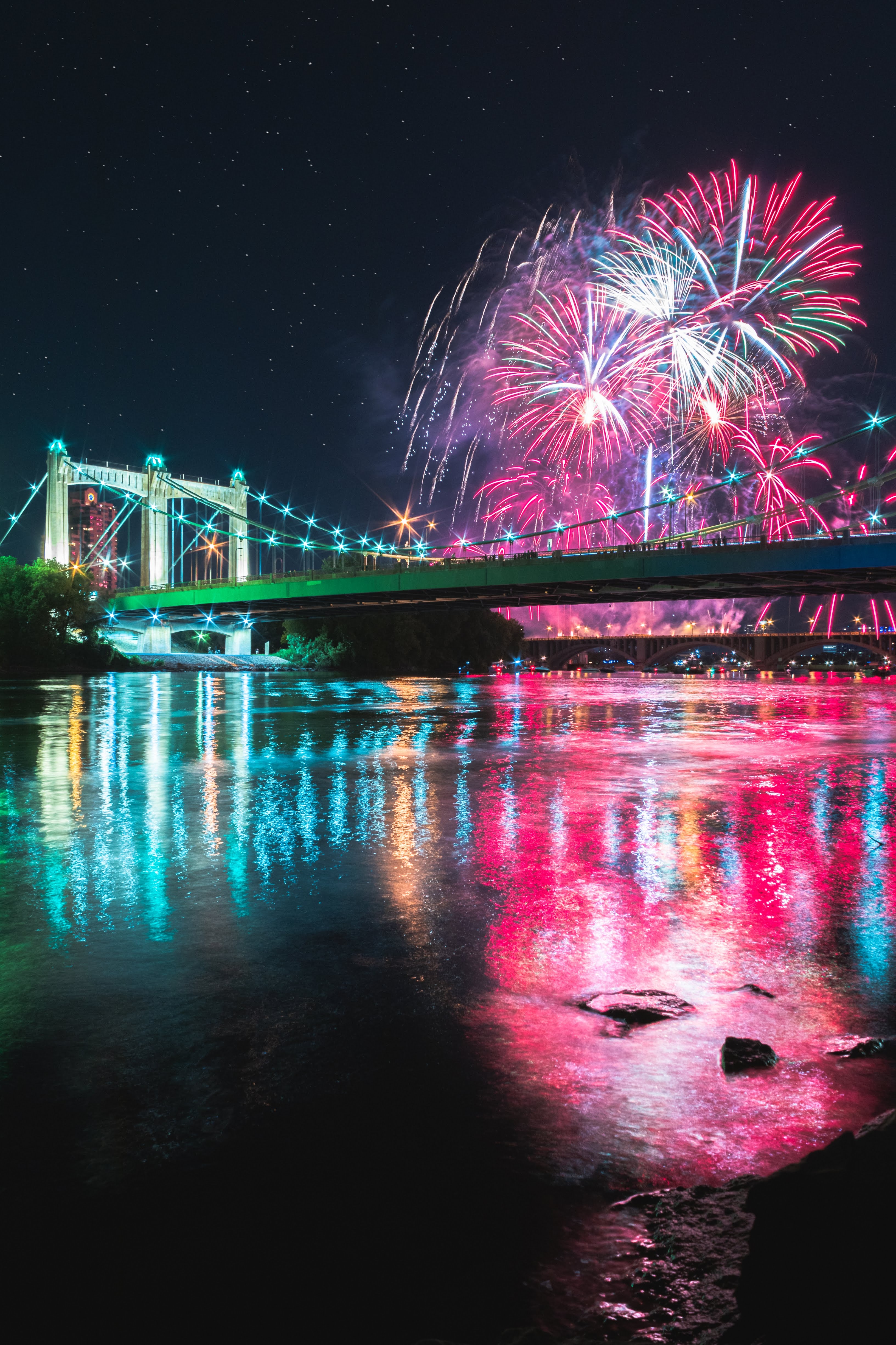 fireworks, holidays, firework, reflection, night, lights, bridge