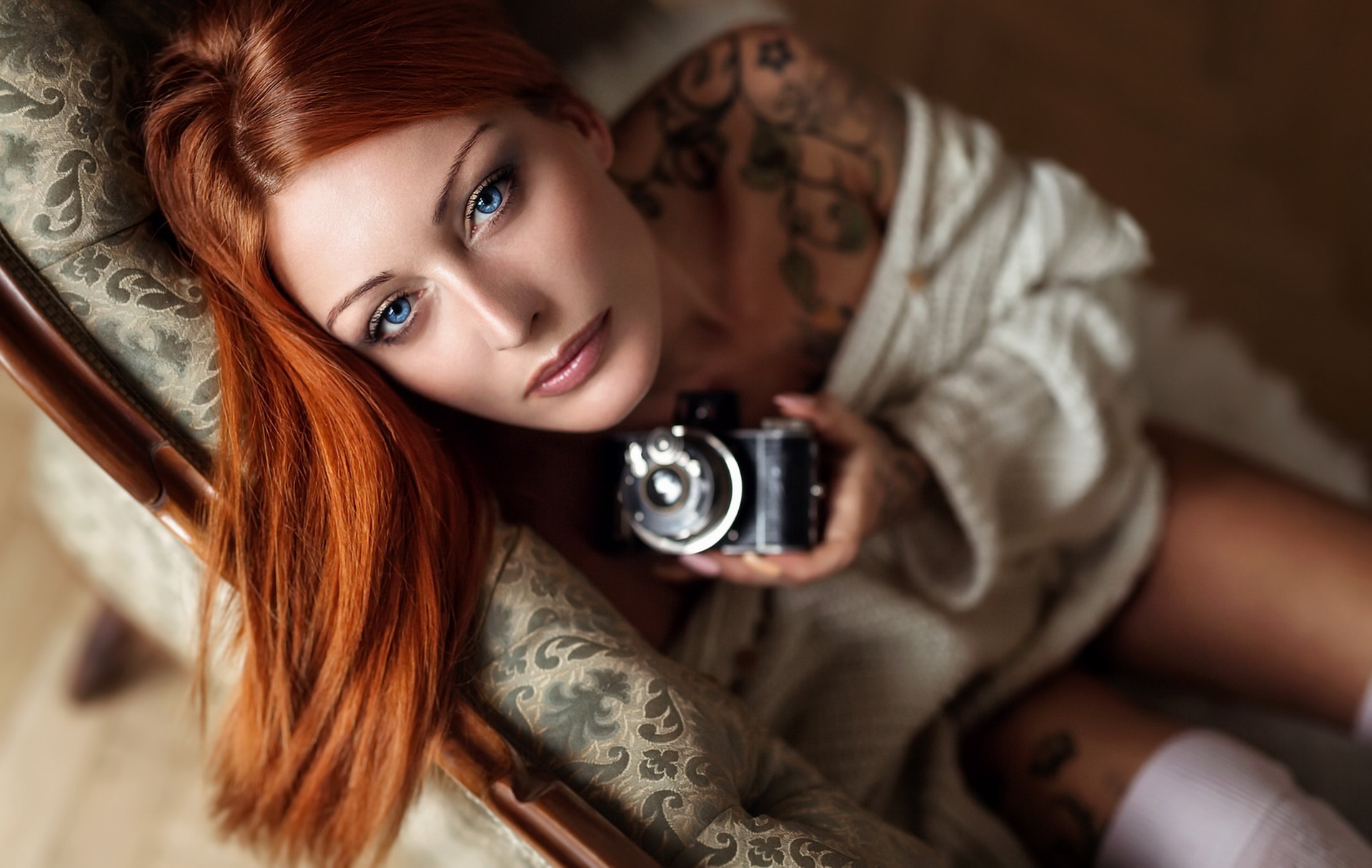 Download mobile wallpaper Redhead, Tattoo, Camera, Model, Women, Blue Eyes for free.