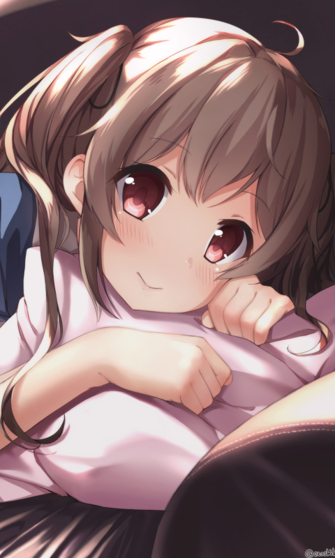 anime, kantai collection, school uniform, twintails, murasame (kancolle), couch, red eyes, long hair, brown hair, blush cellphone