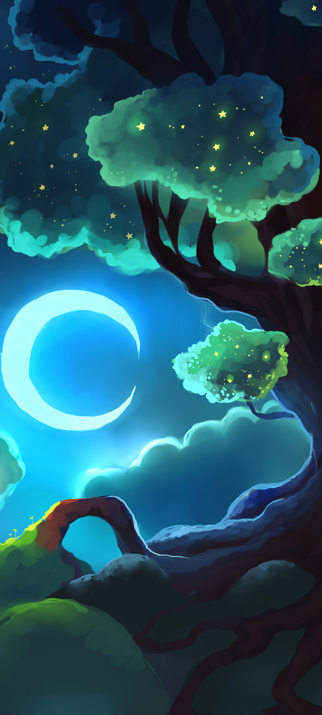 Download mobile wallpaper Moon, Tree, Artistic, Crescent for free.