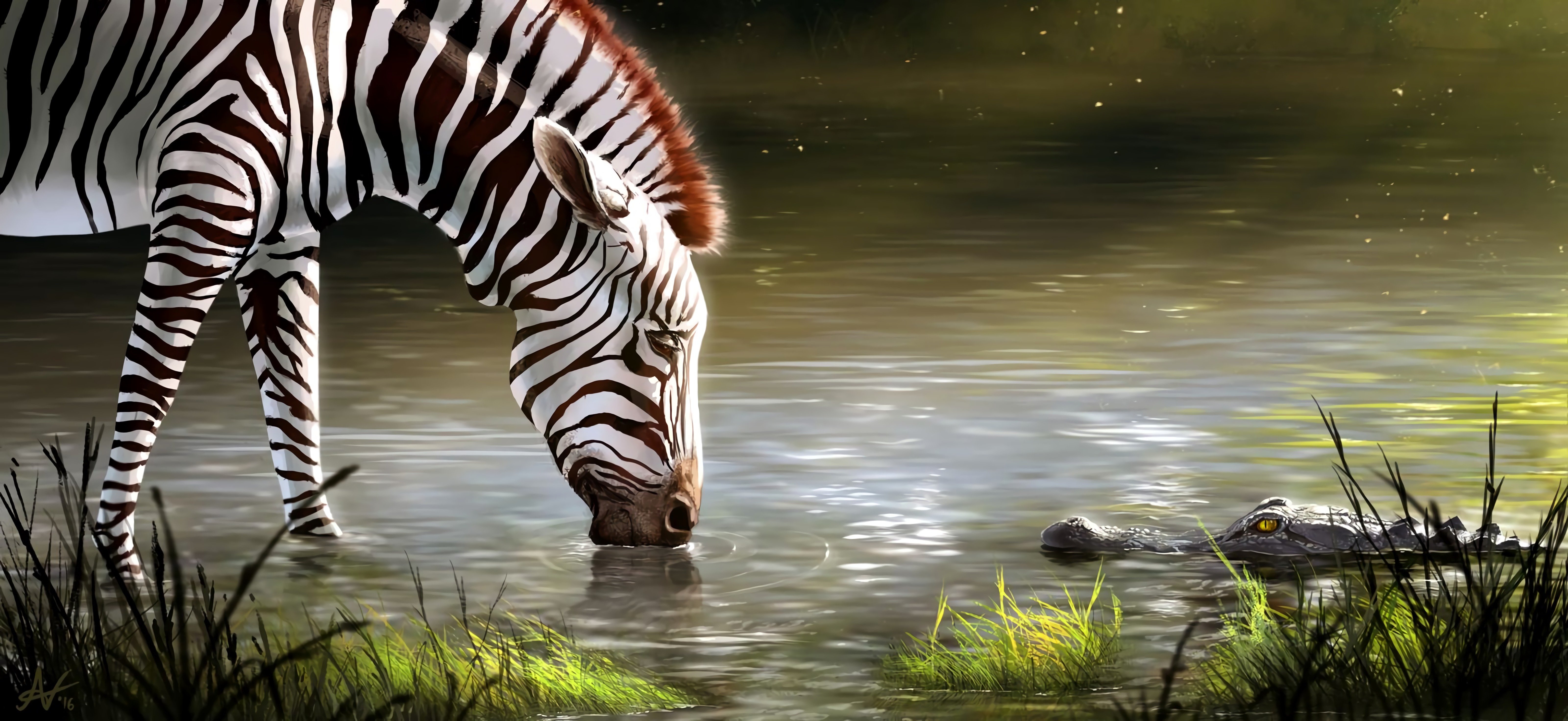 122687 скачать обои зебры, животное, арт, озеро, дикая природа - заставки и картинки бесплатно