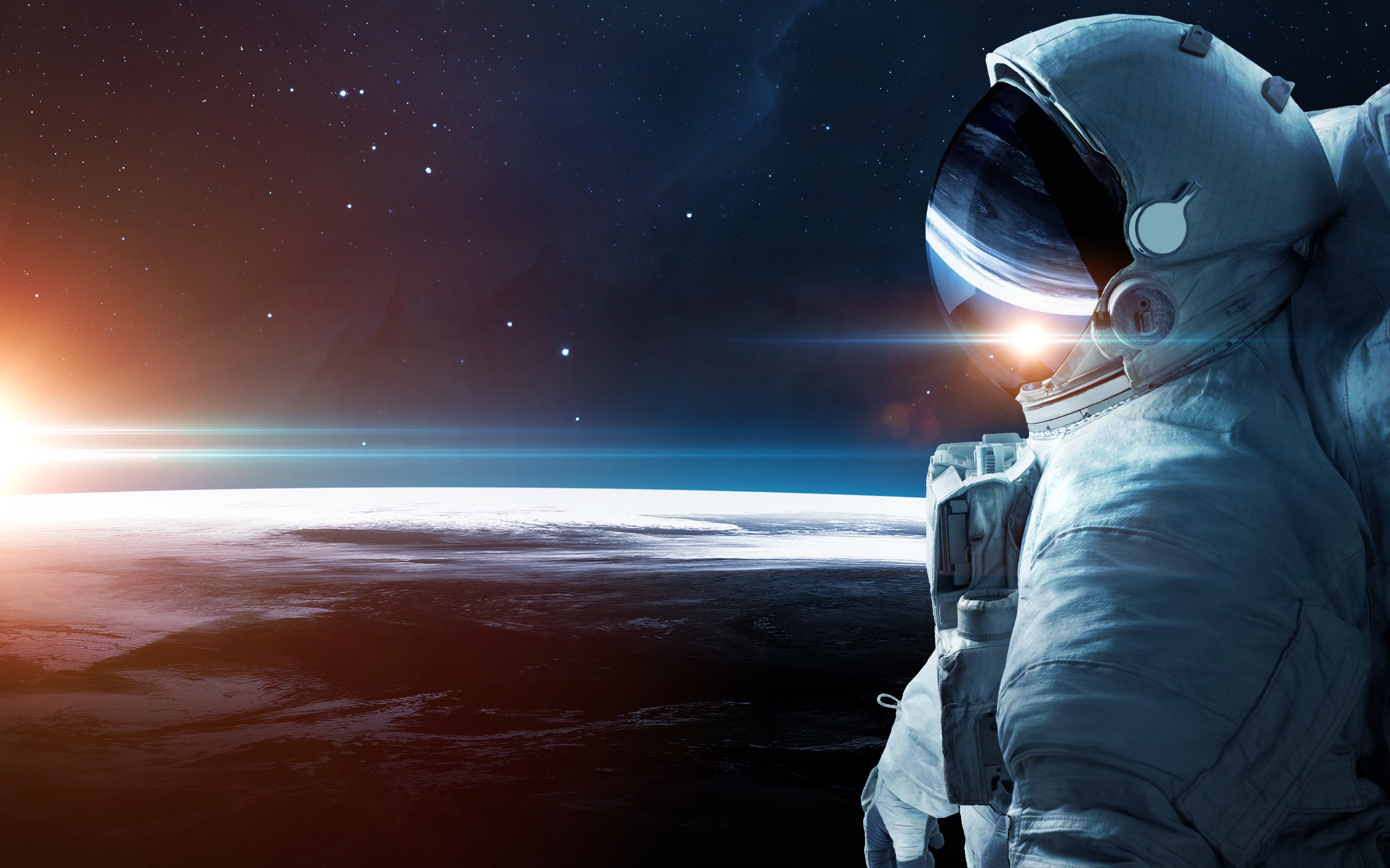 835197 скачать обои астронавт, планетарный пейзаж, космос, научная фантастика, космический костюм, звезды, восход солнца - заставки и картинки бесплатно