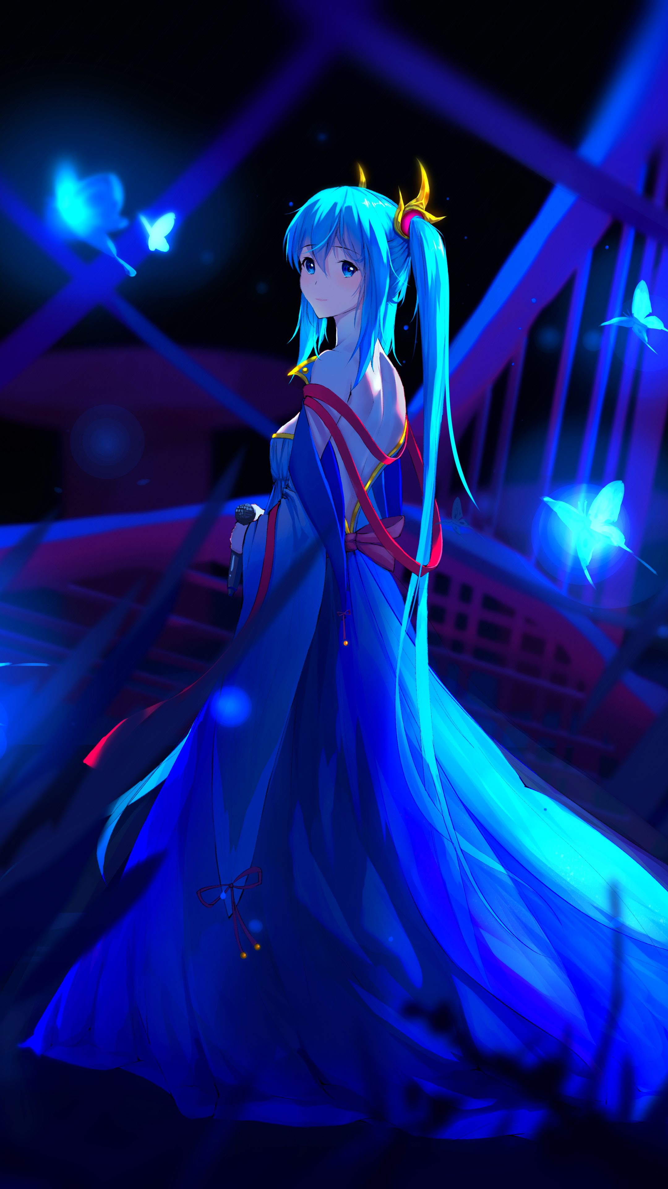 Download mobile wallpaper Anime, Butterfly, Vocaloid, Blue Eyes, Blue Hair, Hatsune Miku, Long Hair for free.