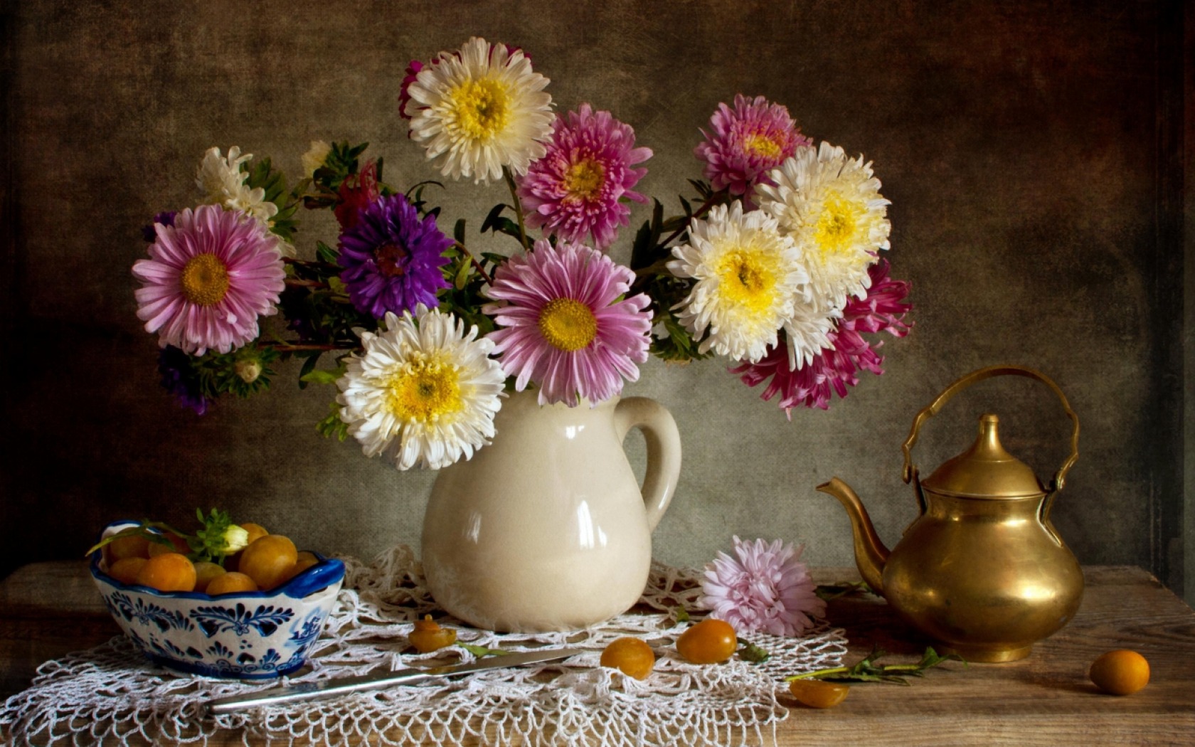 Free download wallpaper Still Life, Flower, Colors, Fruit, Gerbera, Teapot, Photography on your PC desktop