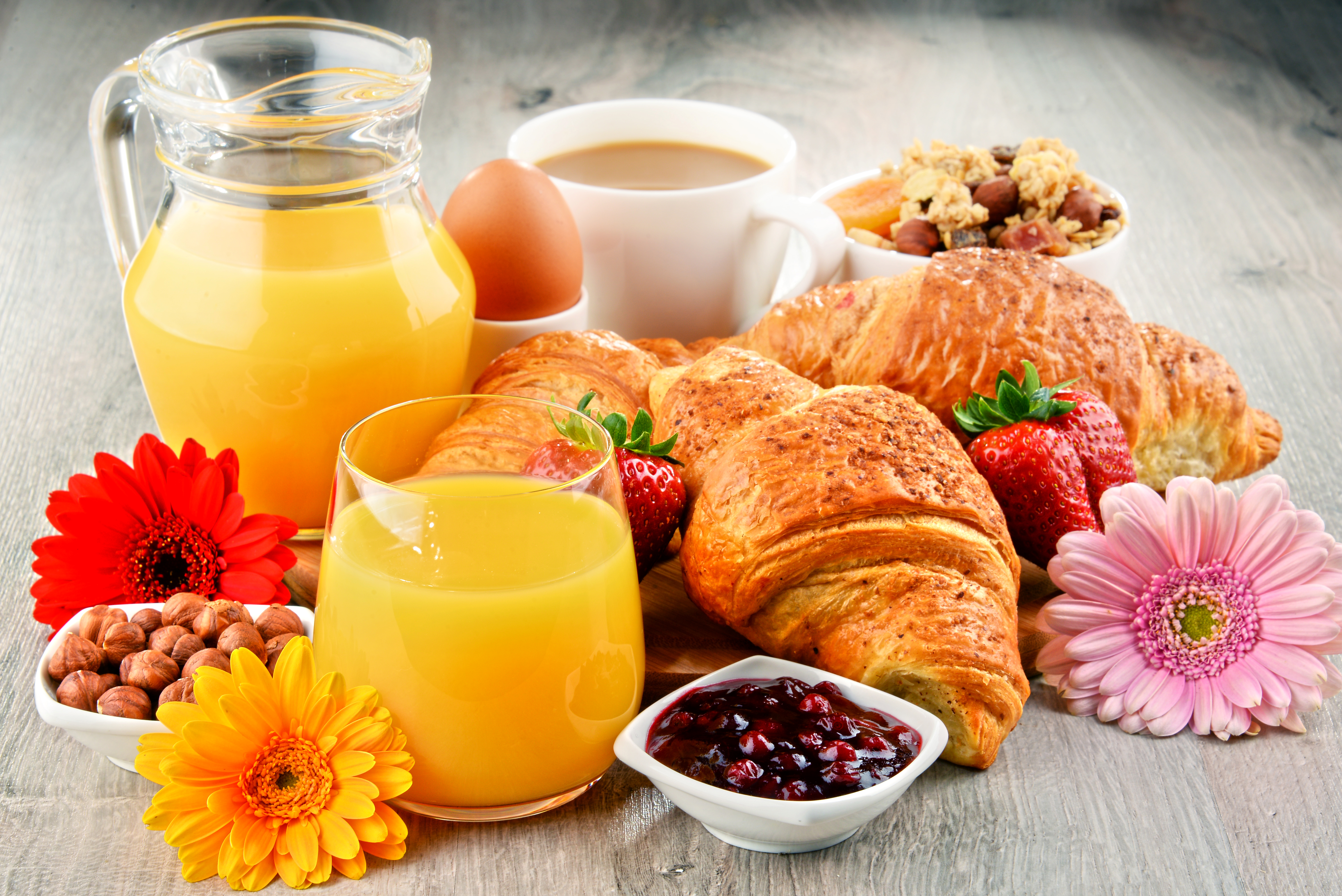 coffee, food, breakfast, croissant, cup, egg, flower, juice, still life, viennoiserie
