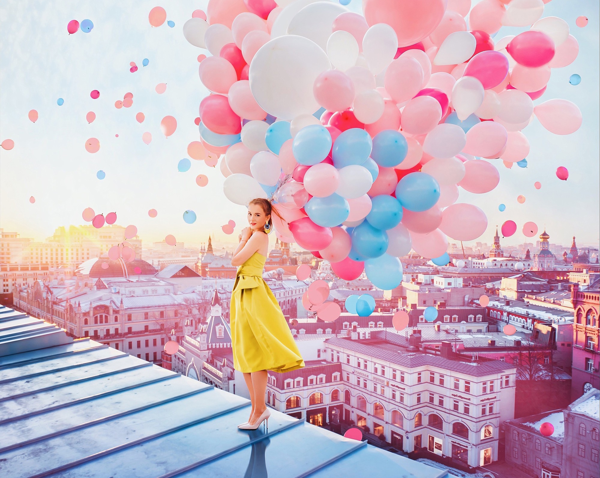 Free download wallpaper Balloon, Model, Women, Yellow Dress on your PC desktop
