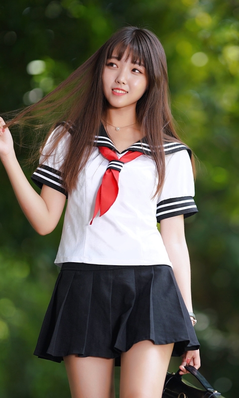 Download mobile wallpaper Brunette, Model, Skirt, Women, Asian, School Uniform for free.