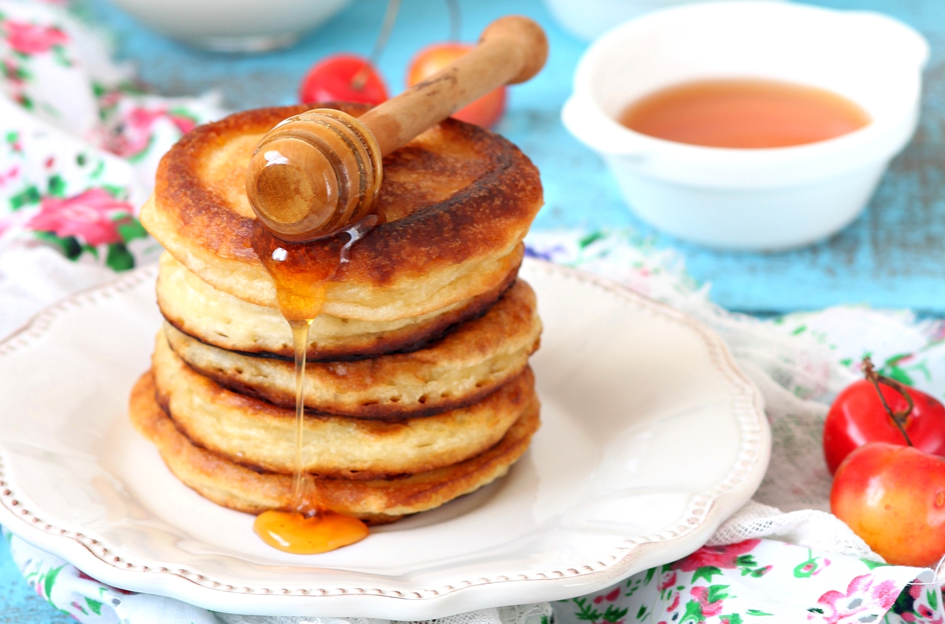 Download mobile wallpaper Food, Cherry, Honey, Breakfast, Pancake for free.