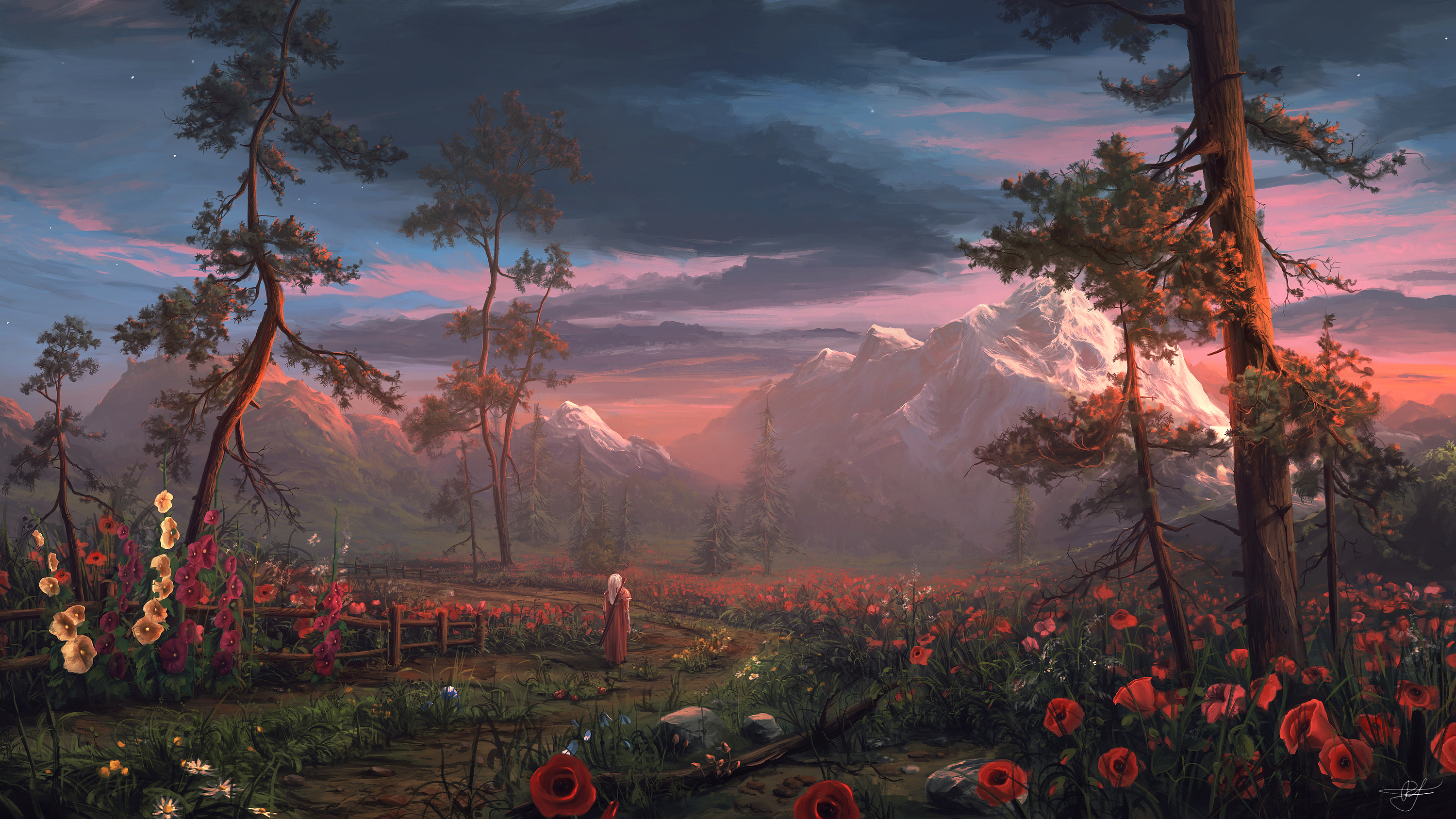 Laden Sie das Landschaft, Fantasie, Blume, Pfad, Rote Blume, Frau Krieger-Bild kostenlos auf Ihren PC-Desktop herunter