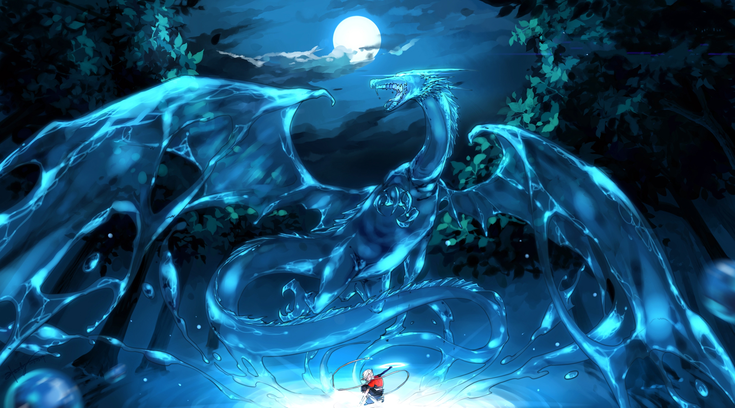 anime, pixiv fantasia, dragon, moon, night, summoner