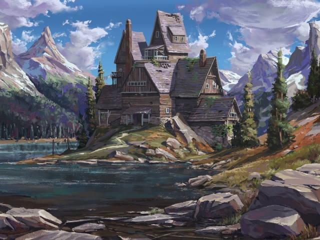 Download mobile wallpaper Fantasy, Building, Mountain, Peak, House for free.