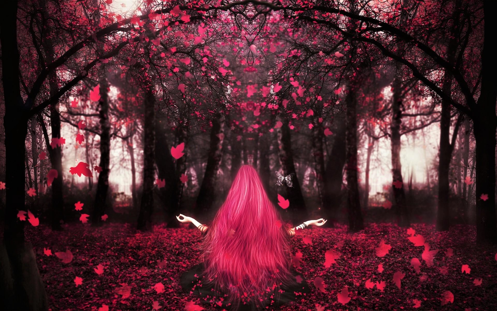 Download mobile wallpaper Pink, Forest, Leaf, Fall, Artistic, Women for free.