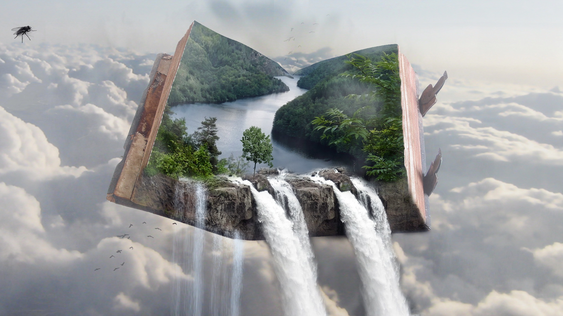 Download mobile wallpaper Fantasy, Waterfall, Book, Cloud, River for free.