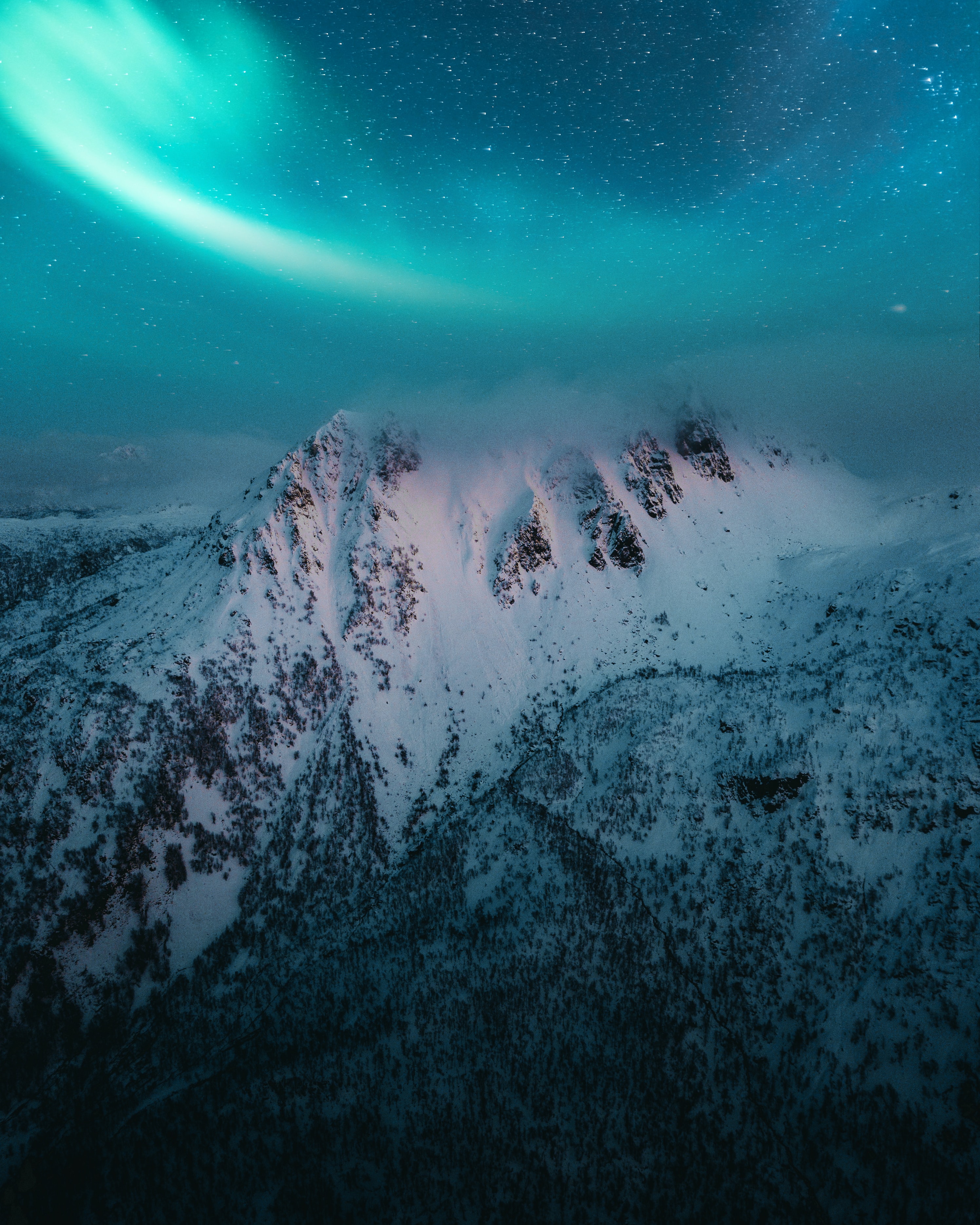 Download mobile wallpaper Snow, Winter, Mountain, Night, Nature, Aurora Borealis, Northern Lights for free.