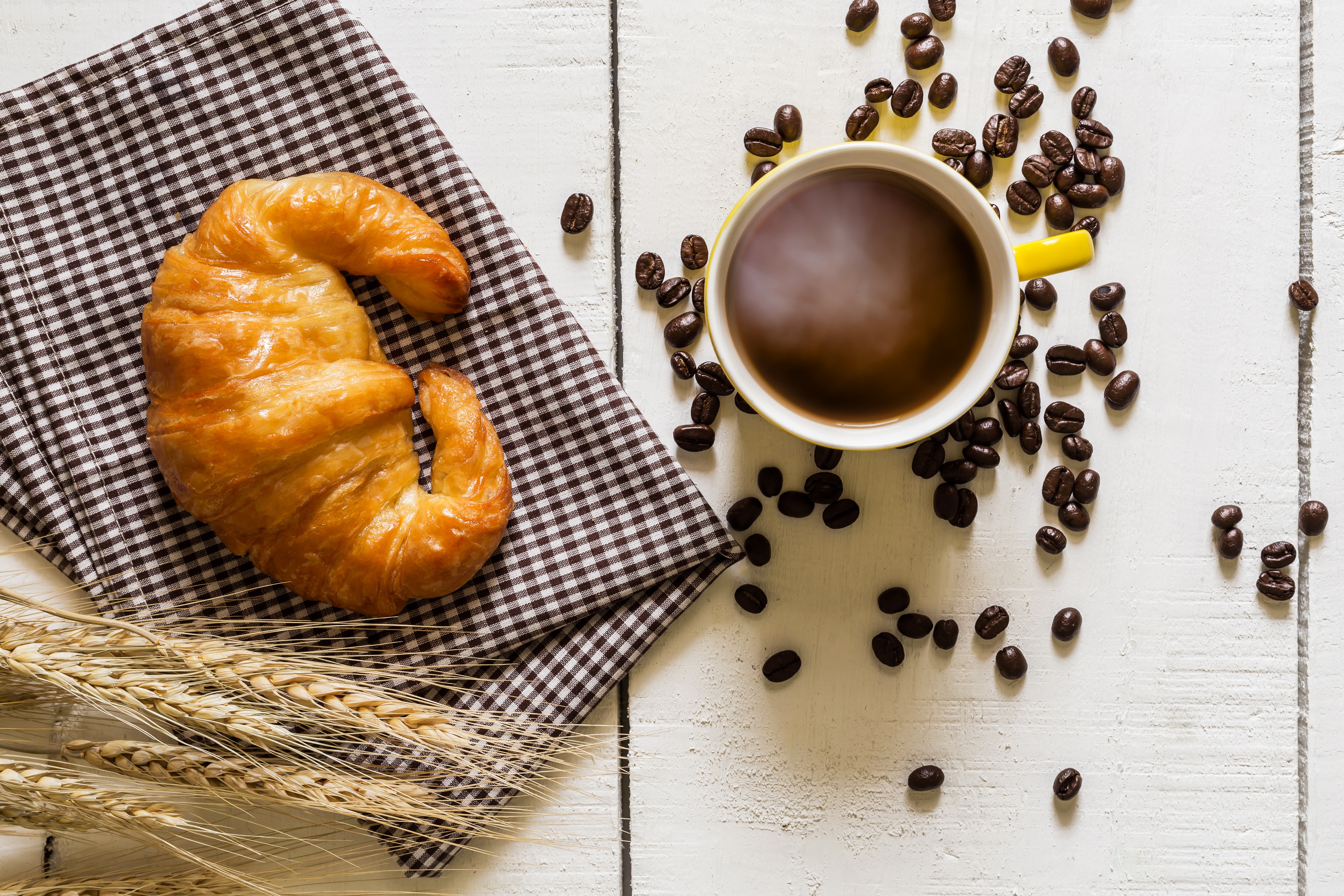 Download mobile wallpaper Food, Coffee, Still Life, Cup, Coffee Beans, Croissant, Viennoiserie for free.