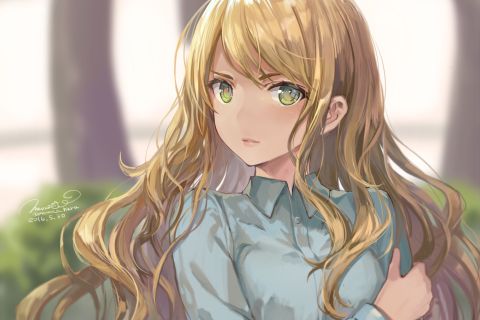 Free download wallpaper Anime, Girl, Blonde, Shirt, Green Eyes, Long Hair on your PC desktop