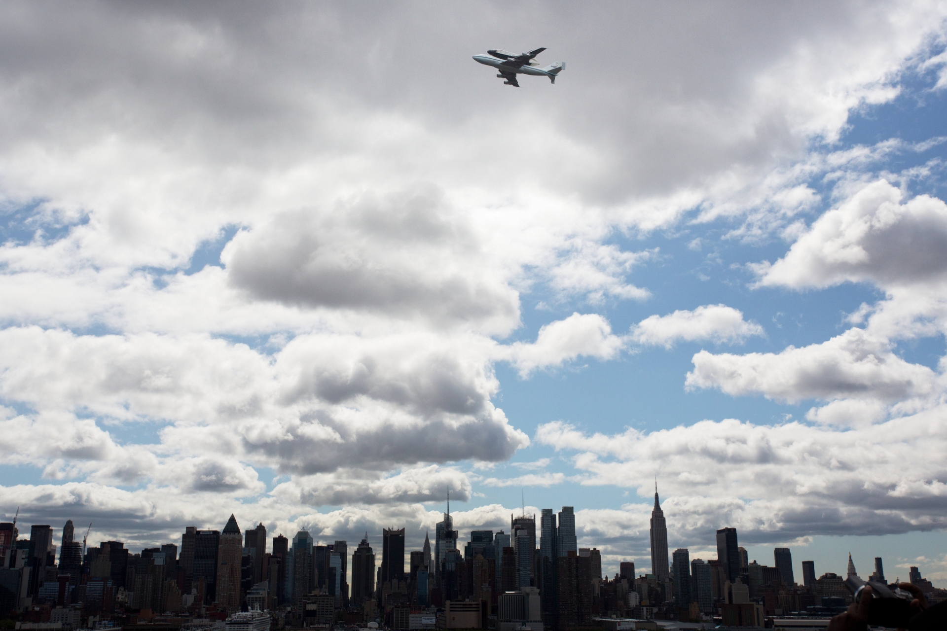 man made, city, airplane, building, cityscape, cloud, new york, shuttle, skyscraper, space shuttle, cities