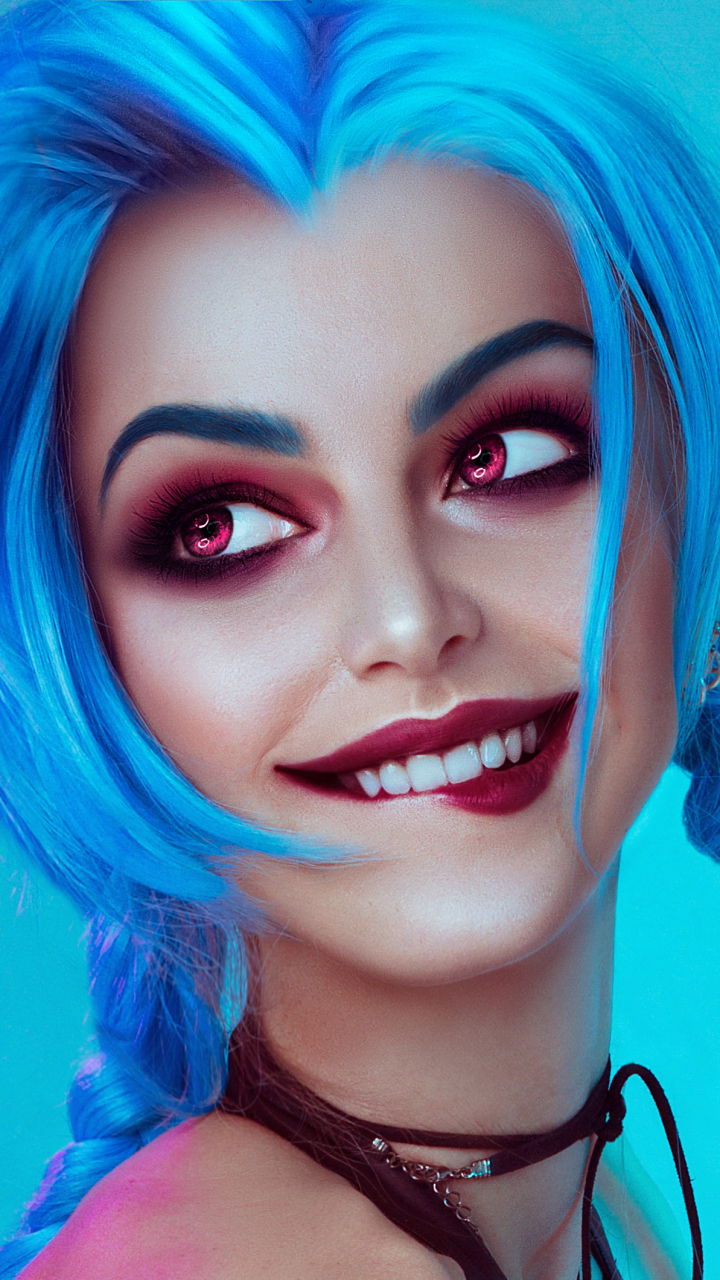 Download mobile wallpaper League Of Legends, Face, Women, Blue Hair, Lipstick, Cosplay, Pink Eyes, Jinx (League Of Legends) for free.
