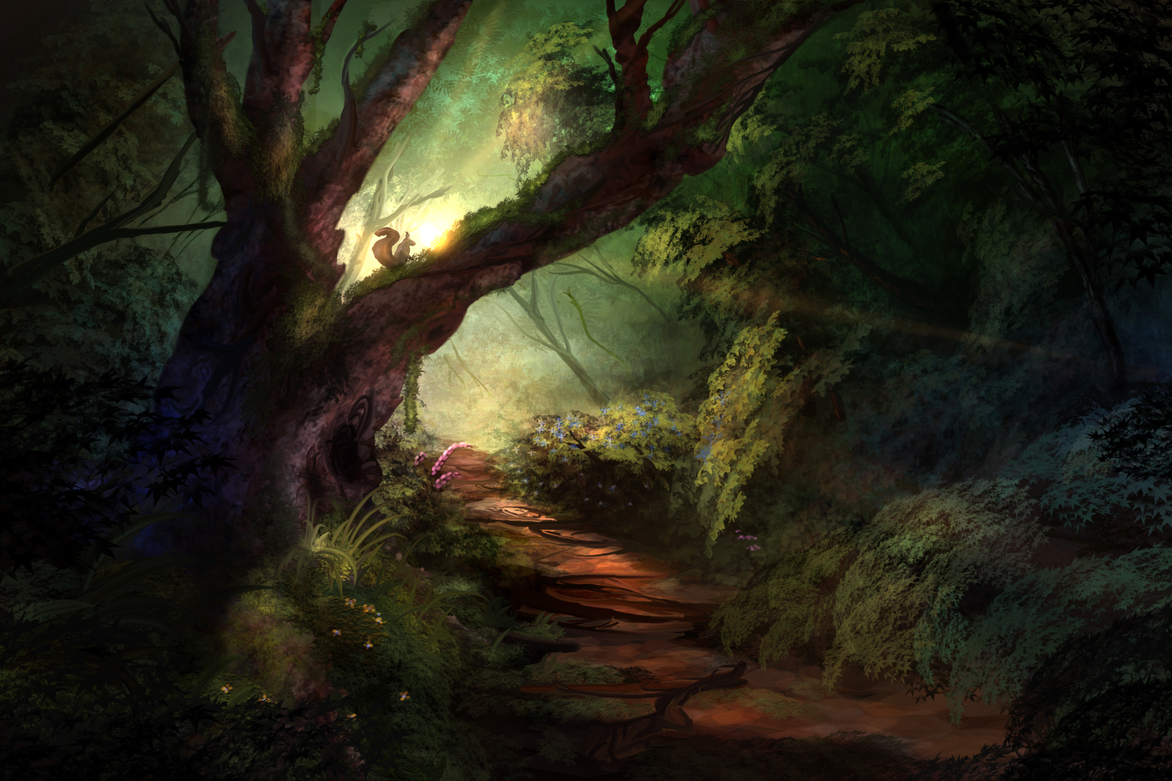 Free download wallpaper Nature, Squirrel, Fantasy, Forest, Tree, Path, Sunbeam on your PC desktop