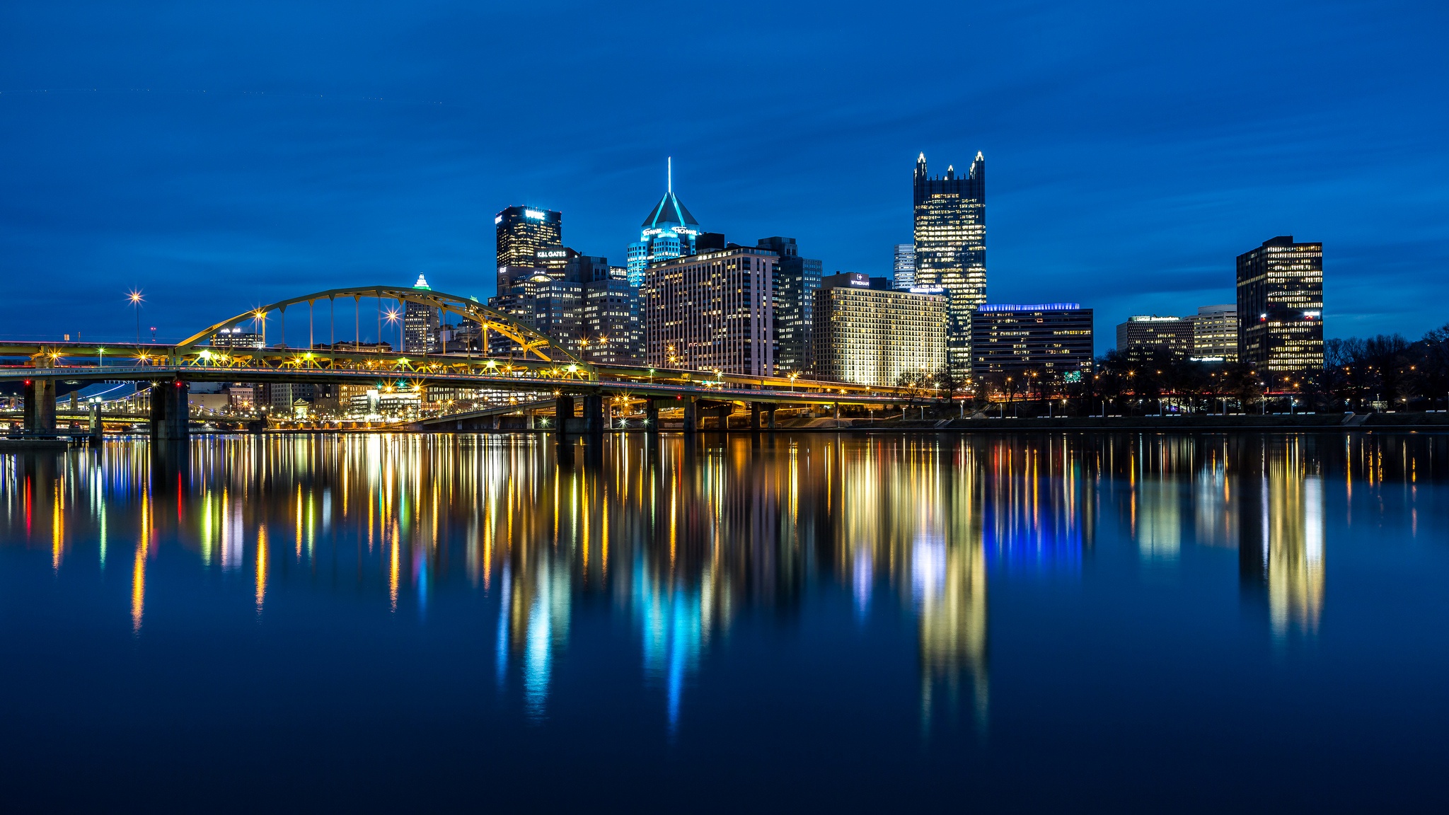 man made, pittsburgh, building, city, night, reflection, skyscraper, usa, cities