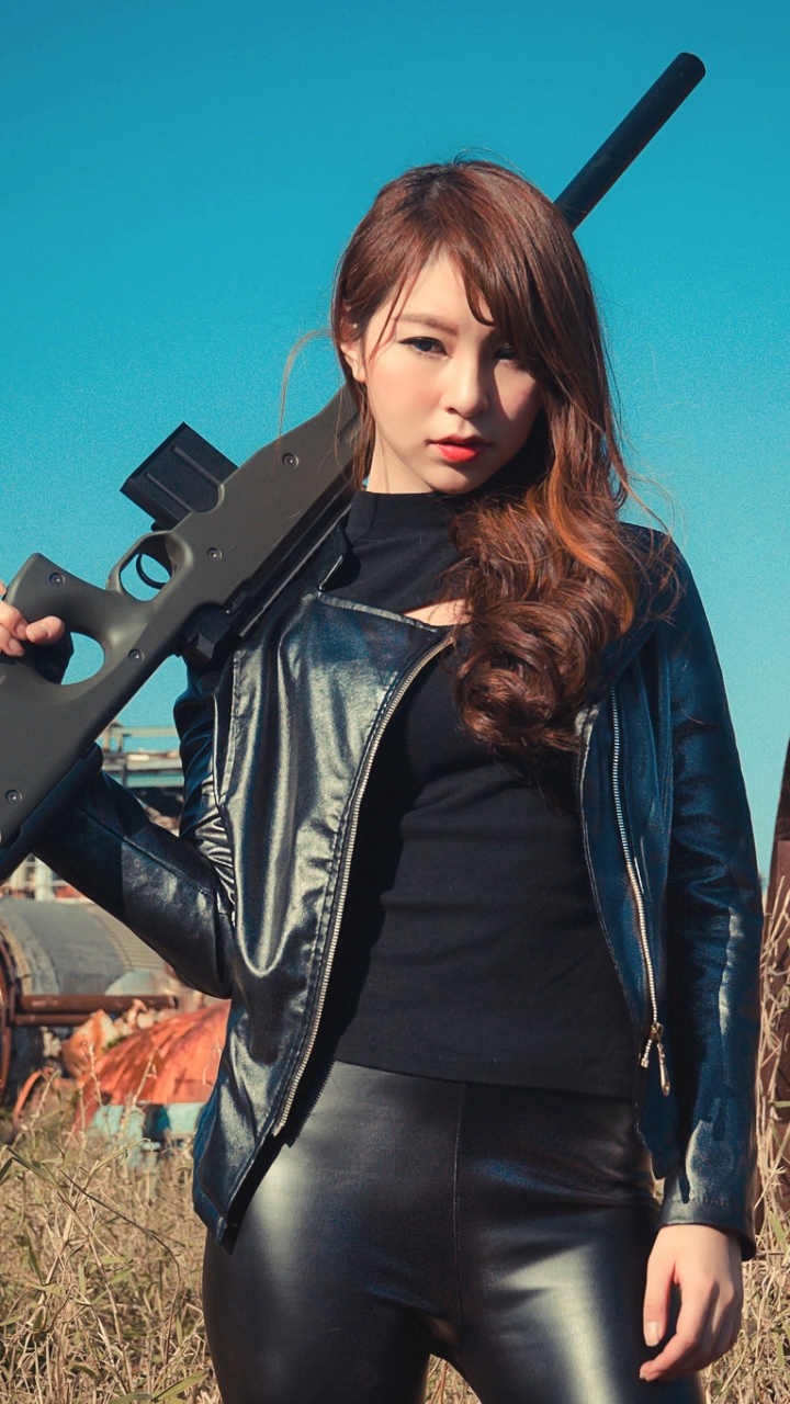 Download mobile wallpaper Brunette, Model, Women, Asian, Girls & Guns for free.