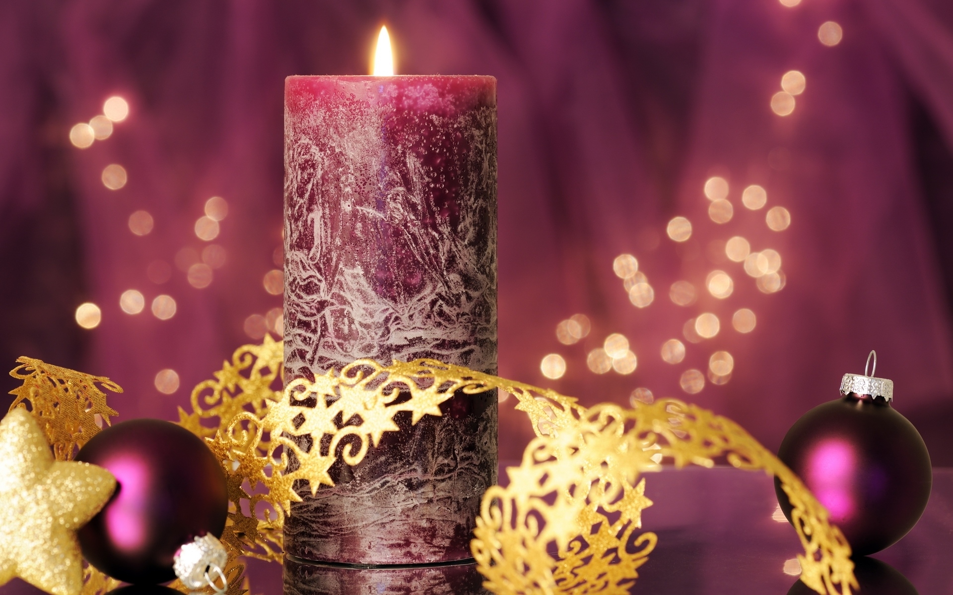 Free download wallpaper Christmas, Holiday, Purple, Decoration, Golden, Bokeh, Candle, Bauble on your PC desktop