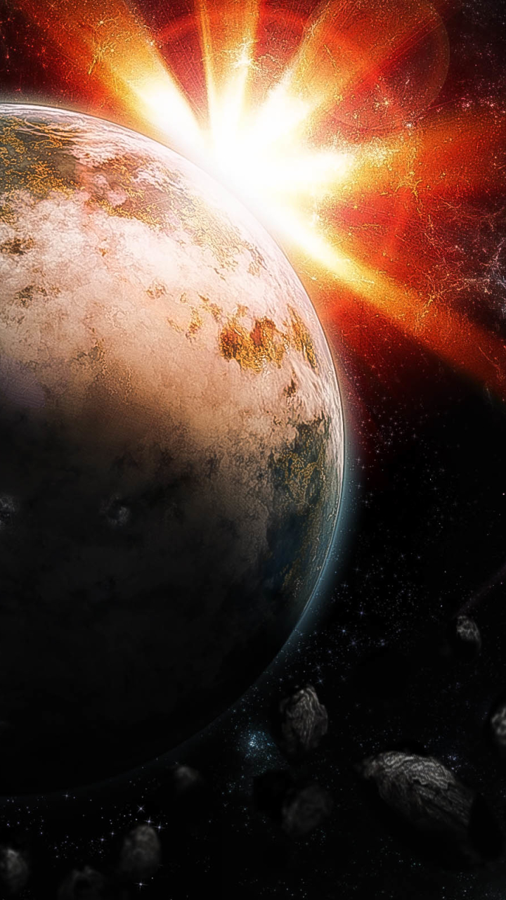 Download mobile wallpaper Sun, Sunrise, Planet, Sci Fi, Sunlight, Asteroid for free.