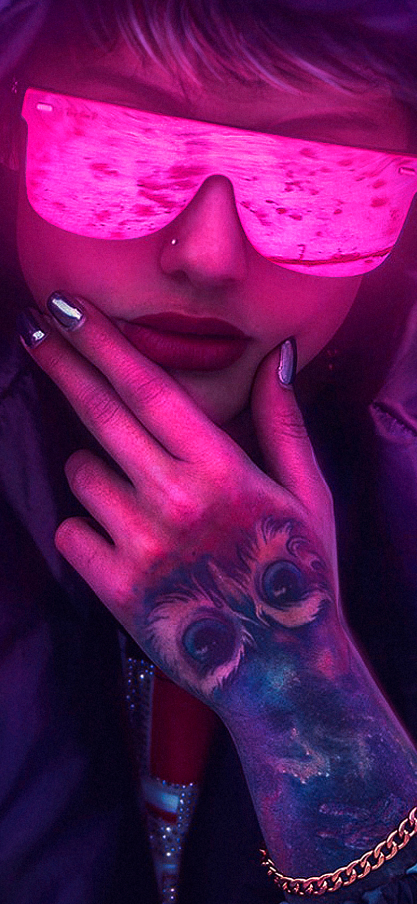 Handy-Wallpaper Cyberpunk, Tätowierung, Science Fiction, Haube, Sonnenbrille, Lippenstift kostenlos herunterladen.